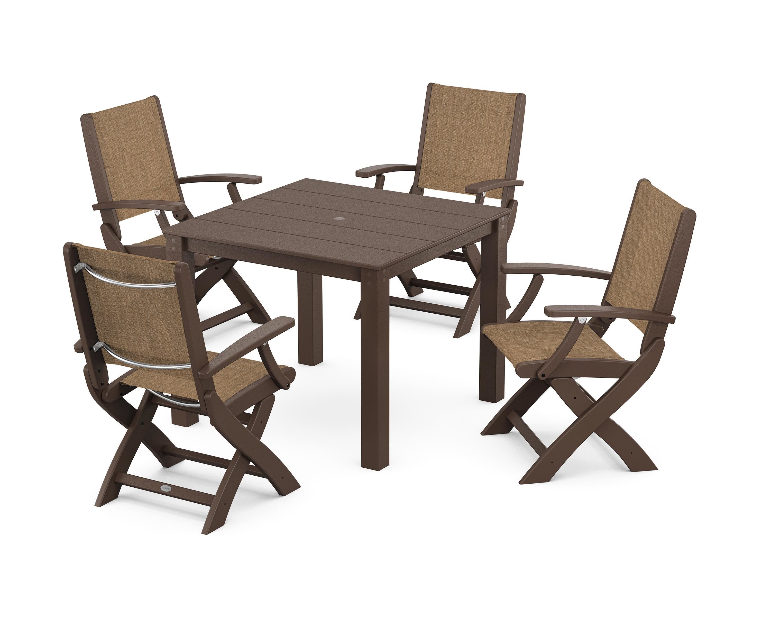 Coastal Folding Chair 5-Piece Parsons Dining Set in Mahogany / Burlap Sling