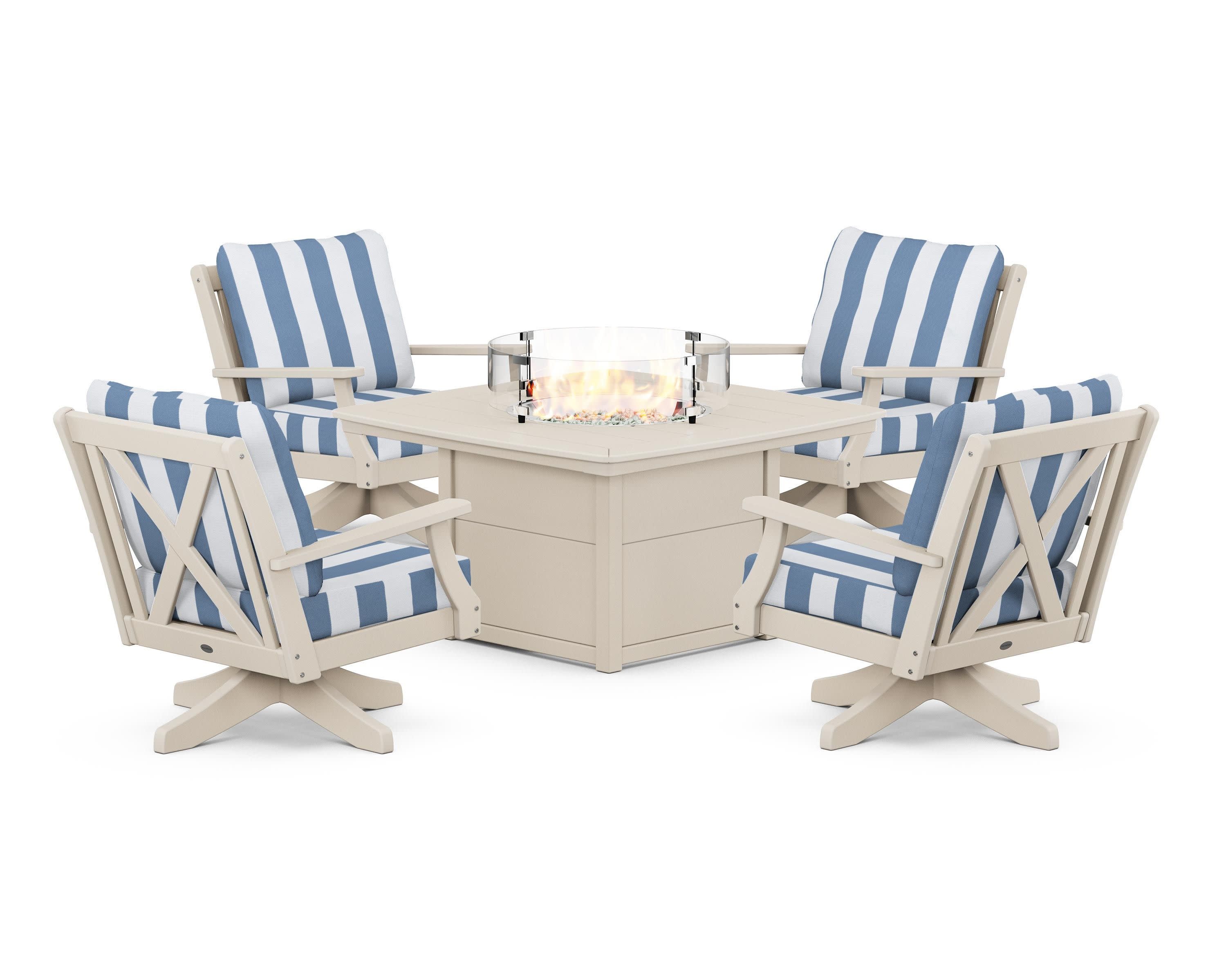 Braxton 5-Piece Deep Seating Swivel Conversation Set with Fire Pit Table in Sand / Cabana Stripe Sky Blue