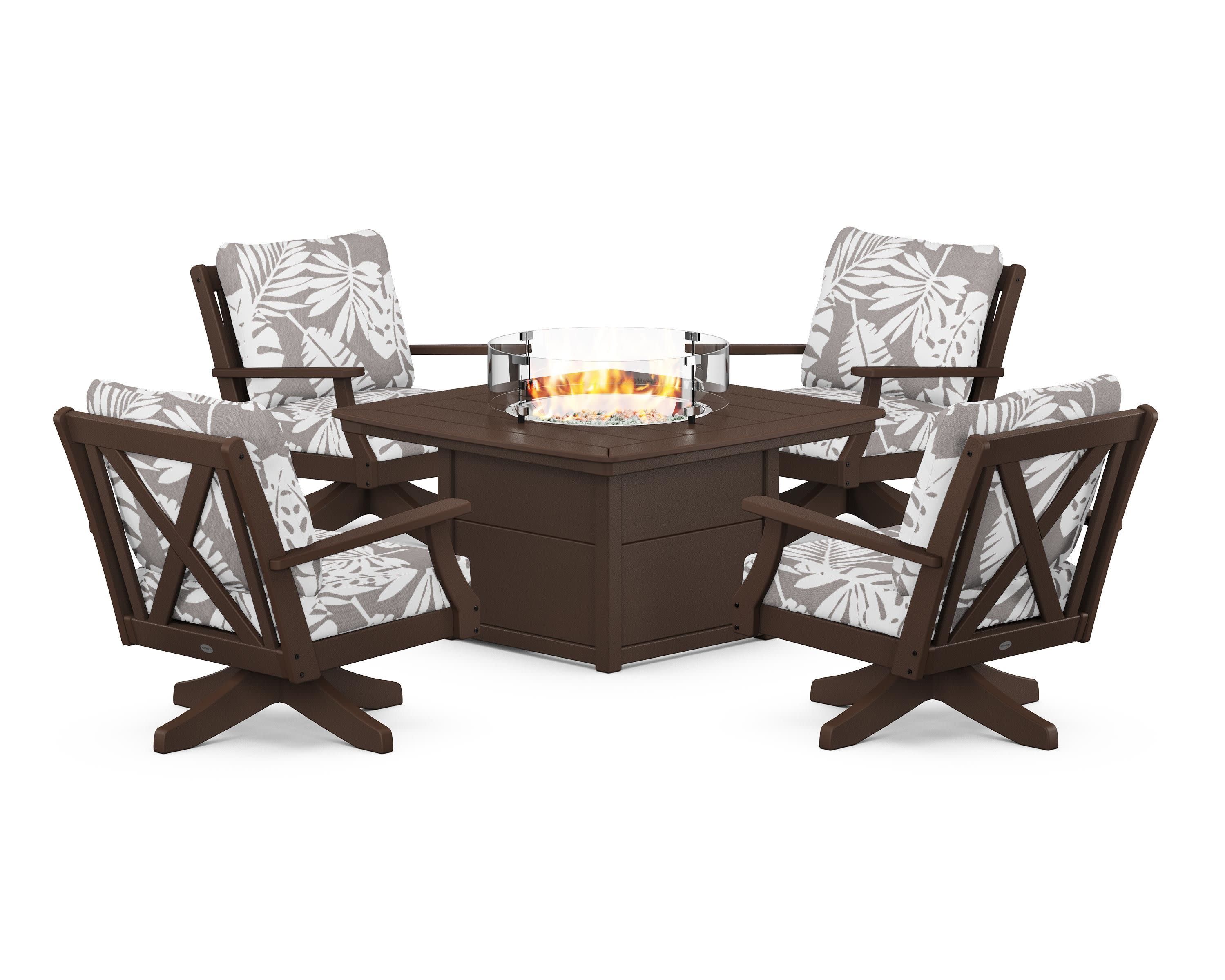 Braxton 5-Piece Deep Seating Swivel Conversation Set with Fire Pit Table in Mahogany / Leaf Grey Mist