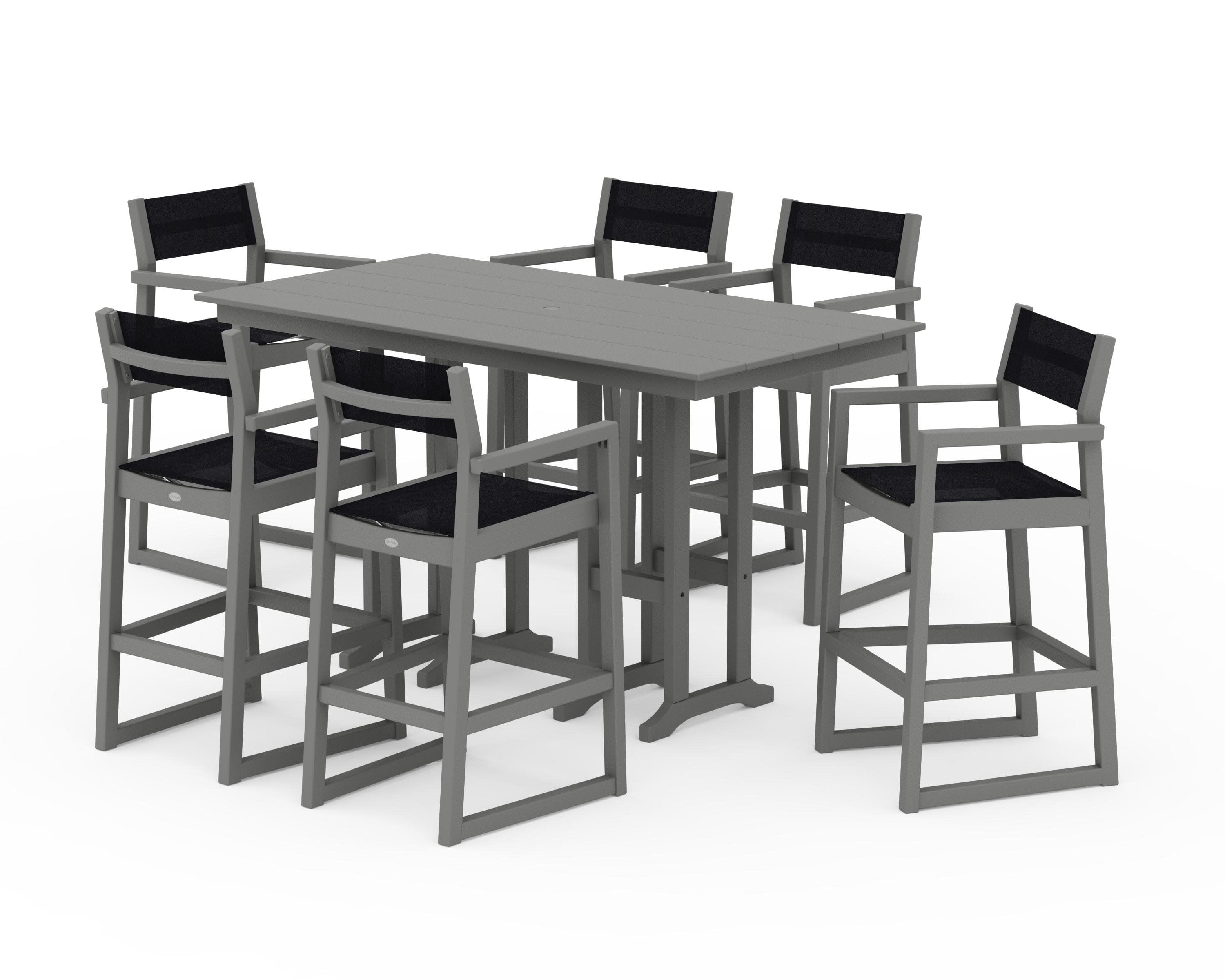 EDGE Sling Arm Chair 7-Piece Farmhouse Bar Set in Slate Grey / Black Sling