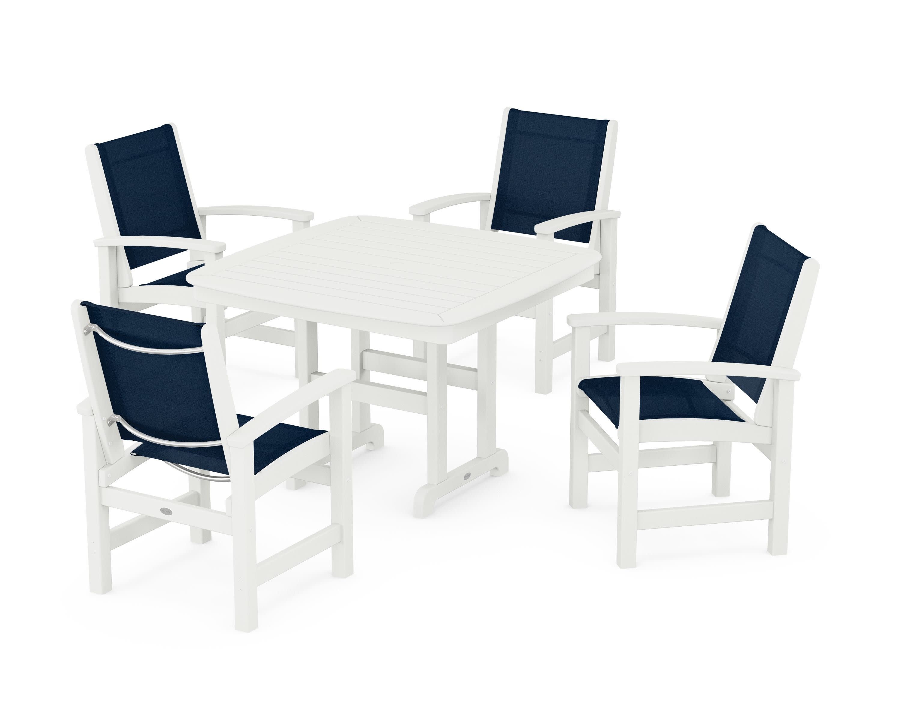 Coastal 5-Piece Dining Set in Vintage White / Navy Blue Sling