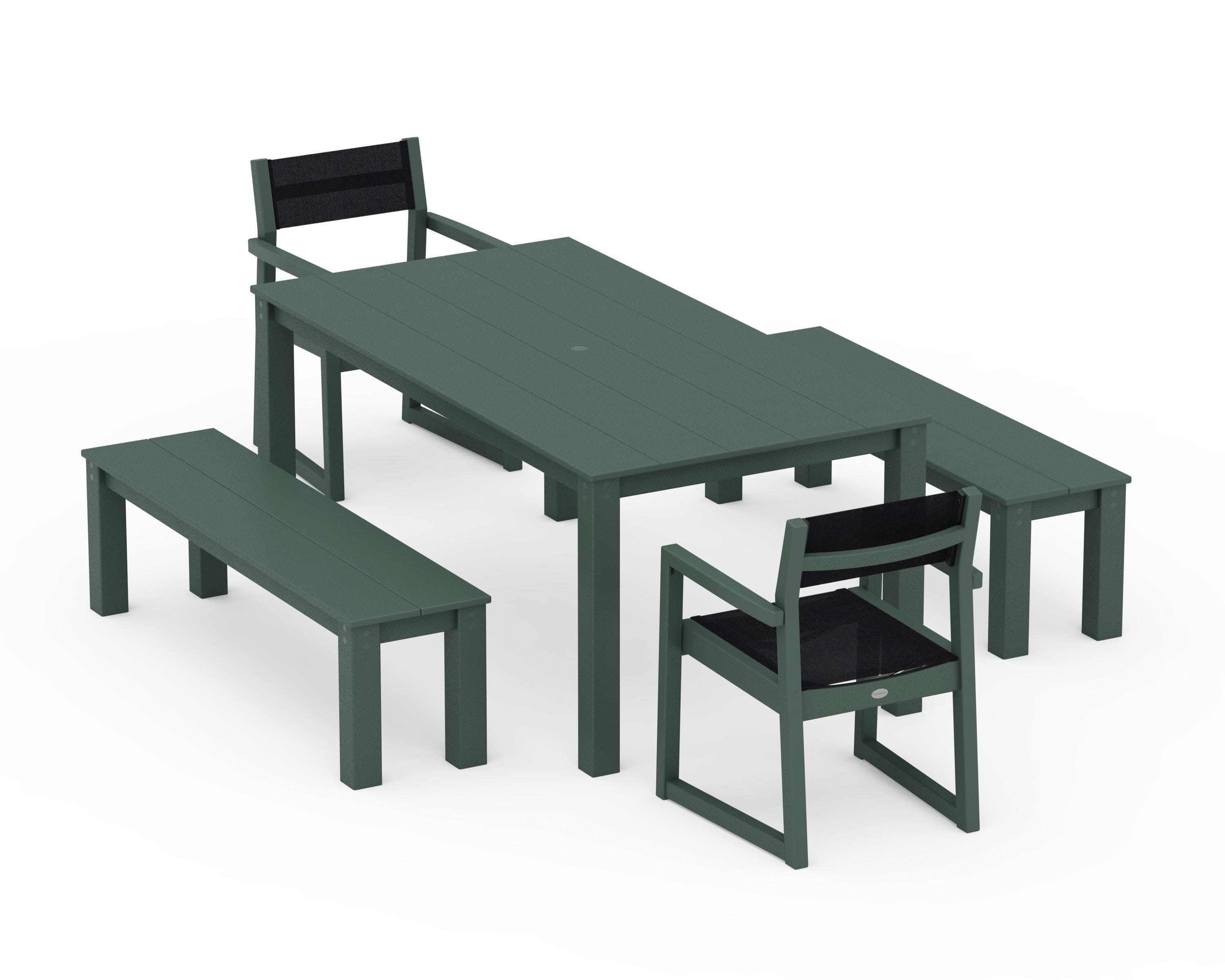 EDGE Sling Arm Chair 5-Piece Parsons Dining Set with Benches in Green / Black Sling