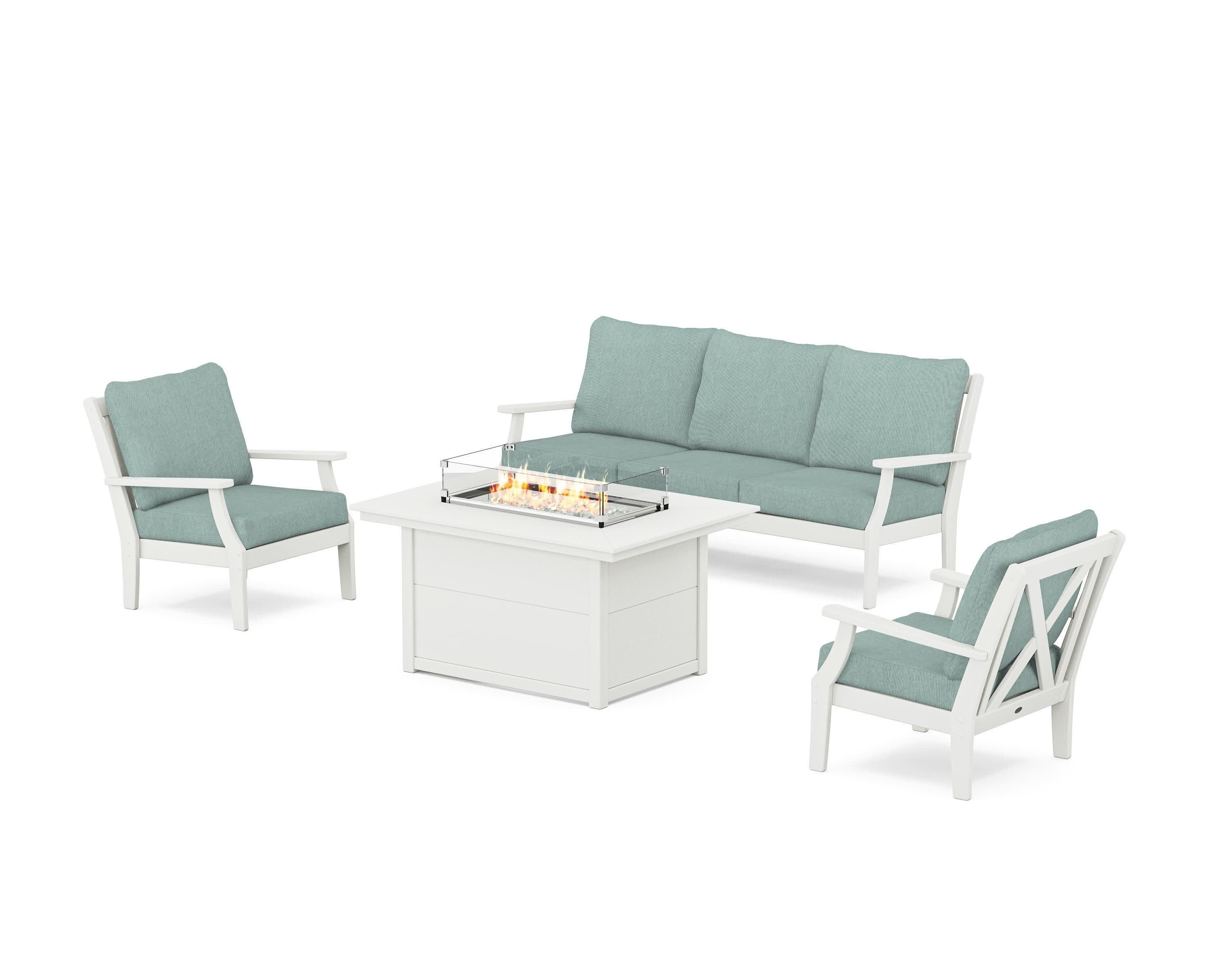Braxton Deep Seating Fire Pit Table Set in Vintage White / Glacier Spa