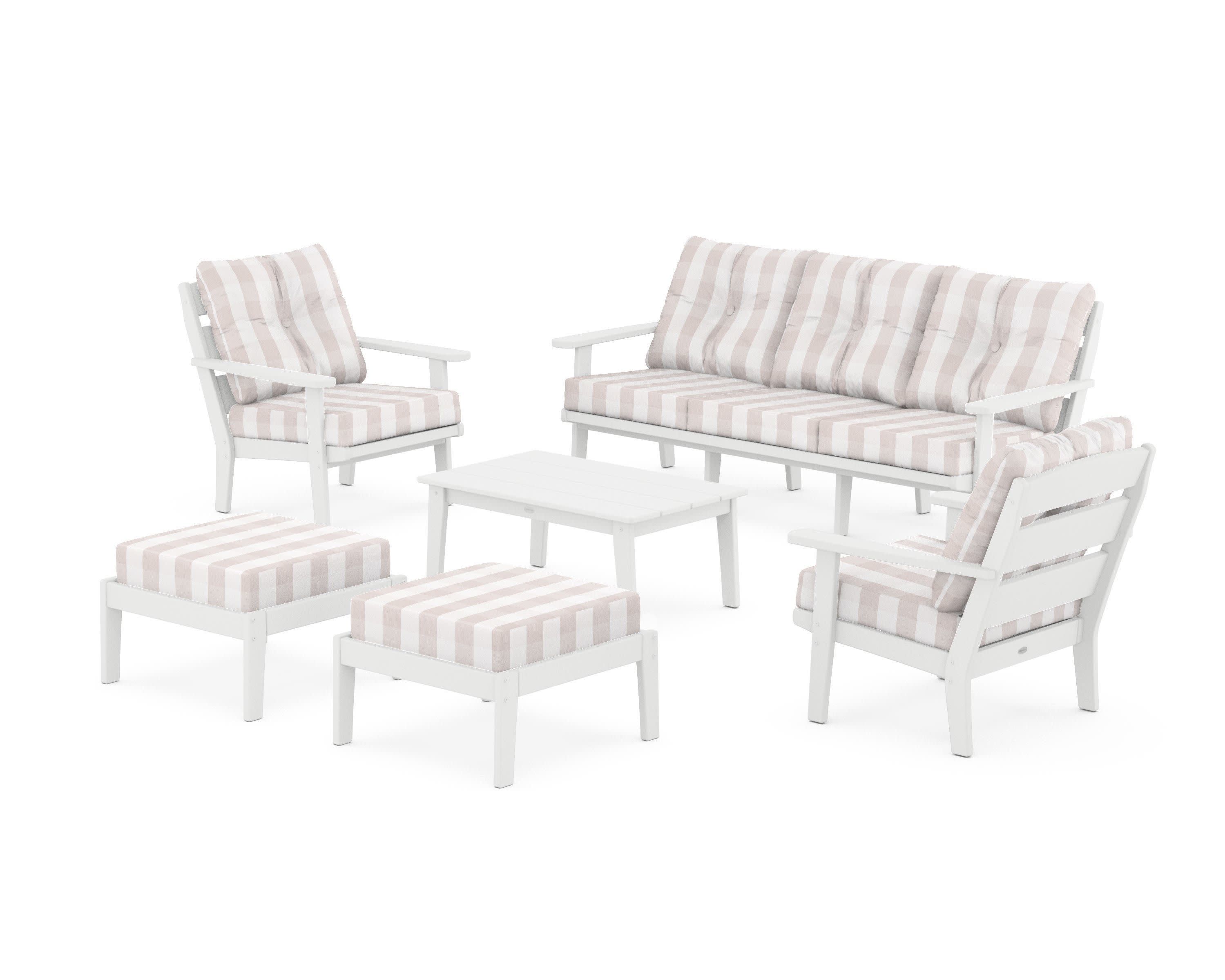 Lakeside 6-Piece Lounge Sofa Set in White / Buffalo Plaid Dune Burlap