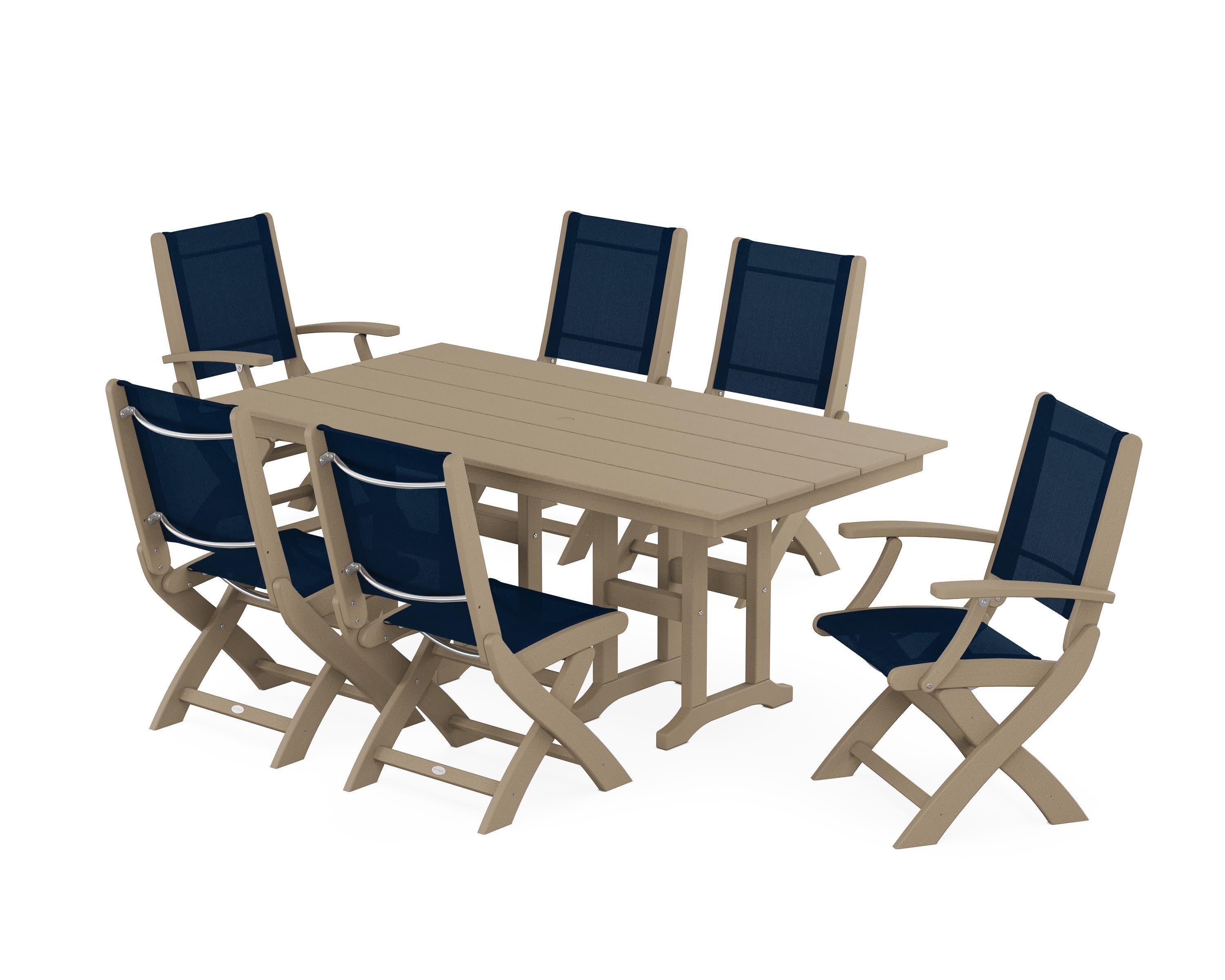 Coastal Folding Chair 7-Piece Farmhouse Dining Set in Vintage Sahara / Navy Blue Sling