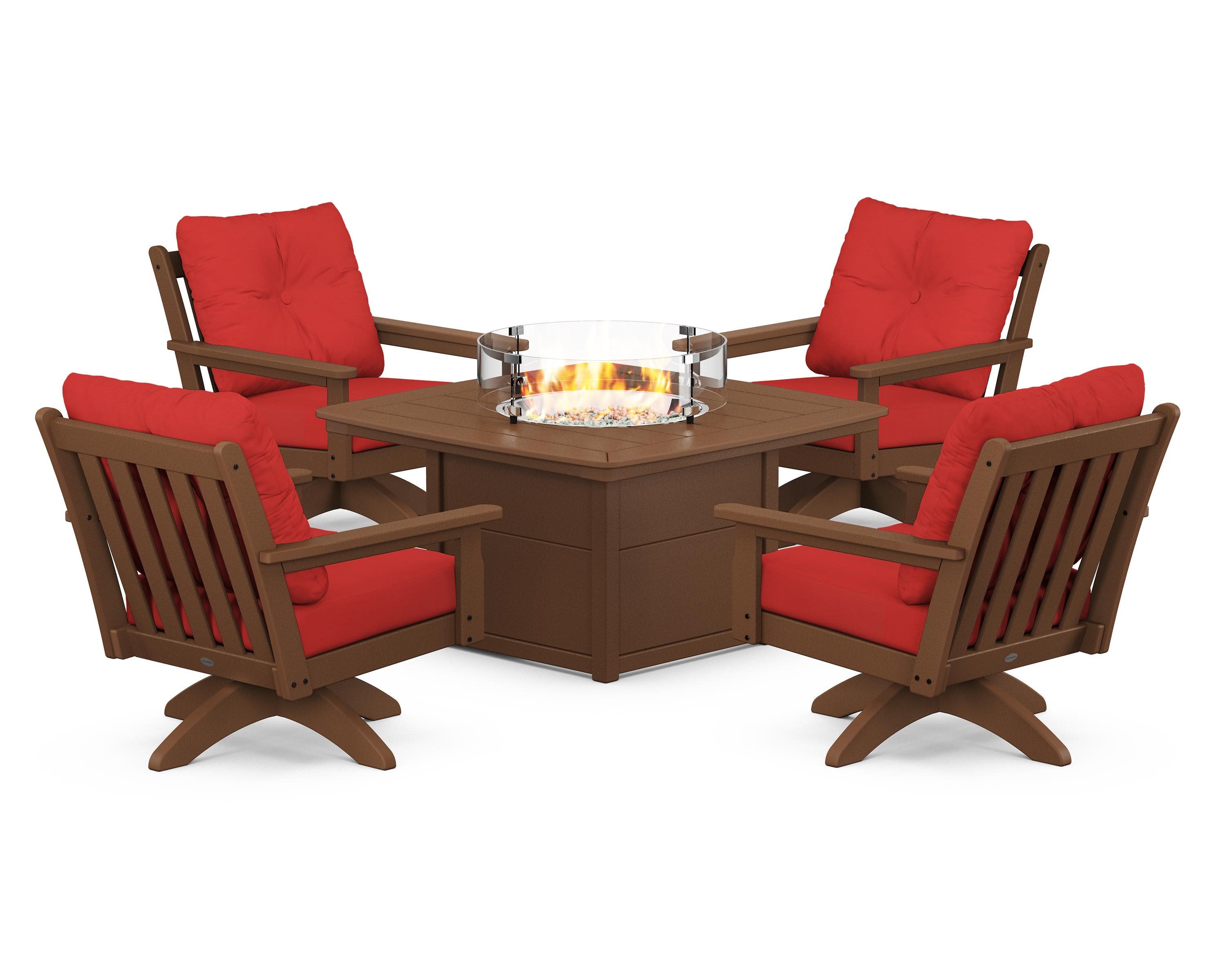 Vineyard 5-Piece Deep Seating Swivel Conversation Set with Fire Pit Table in Teak / Crimson Linen