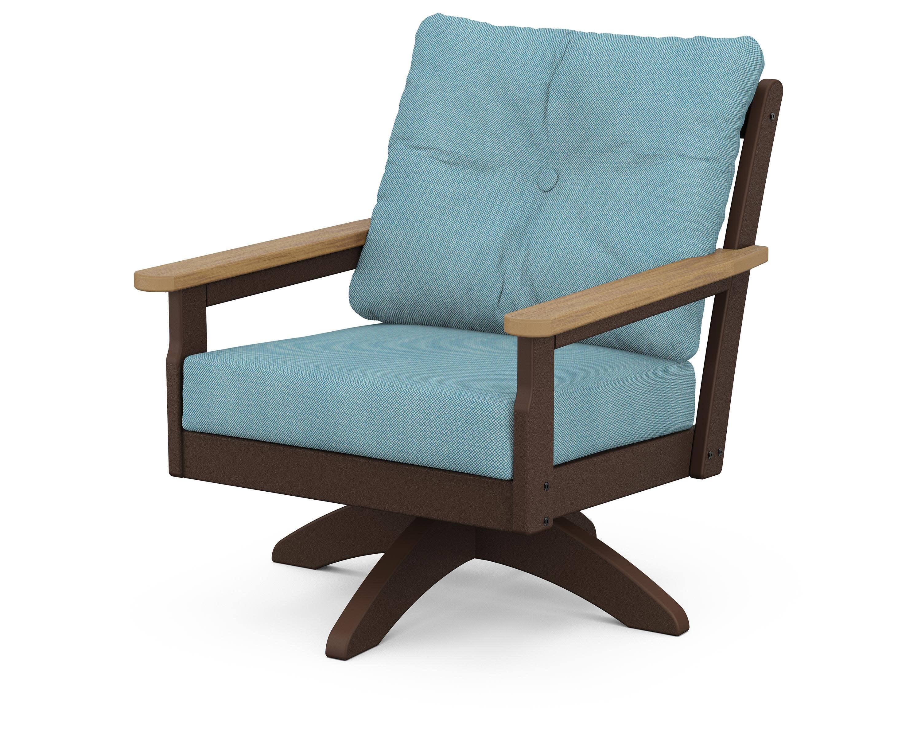 Vineyard Deep Seating Swivel Chair in Mahogany / Natural / Lattice Sky Blue