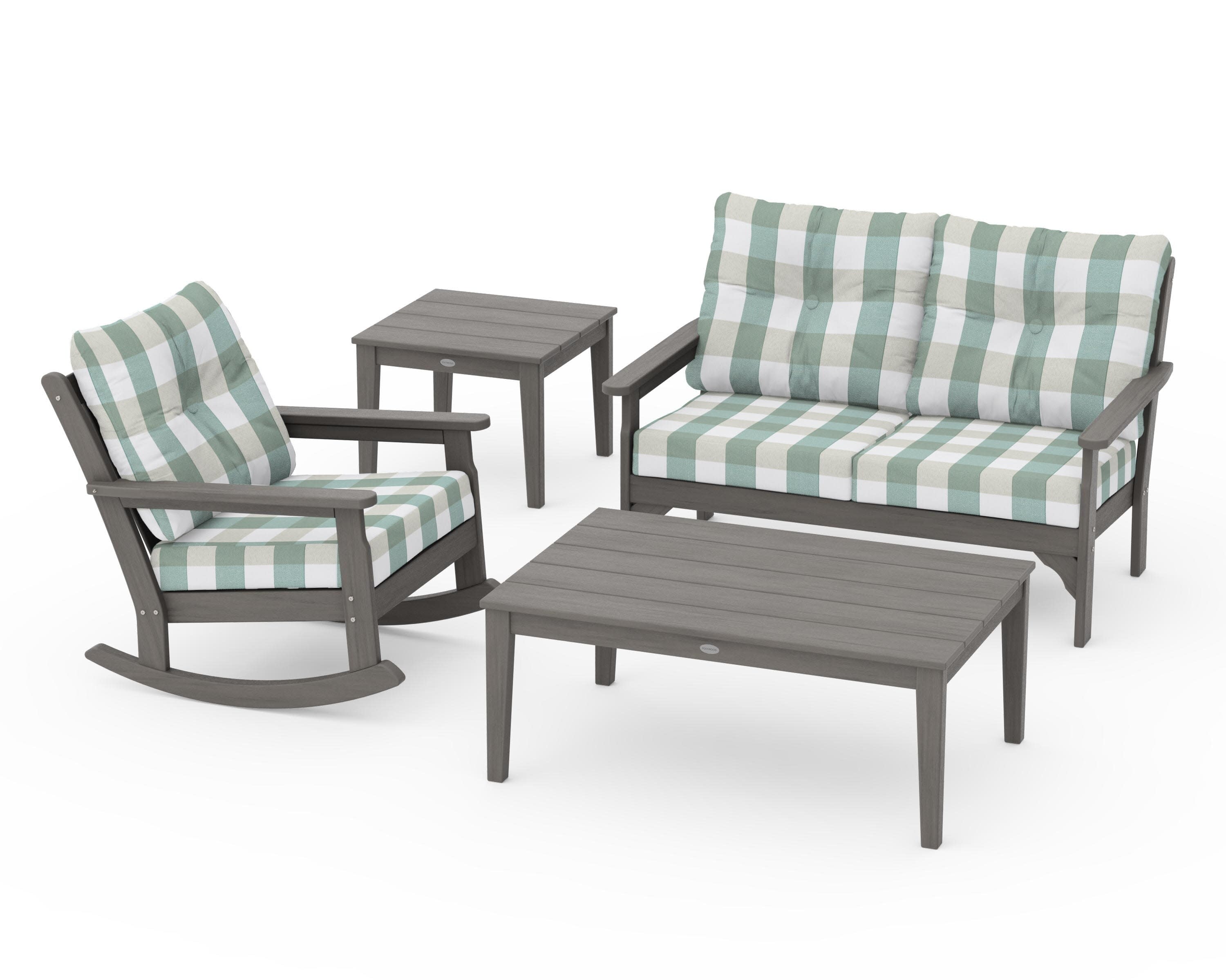 Vineyard 4-Piece Deep Seating Rocker Set in Driftwood / Buffalo Plaid Glacier Spa