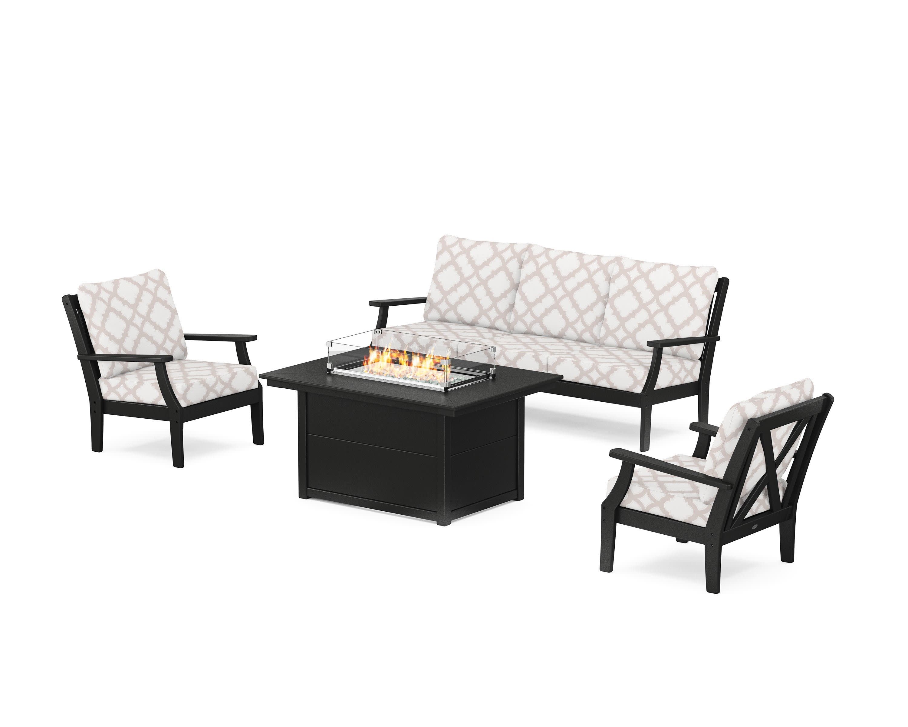 Braxton Deep Seating Fire Pit Table Set in Black / Trellis Dune Burlap