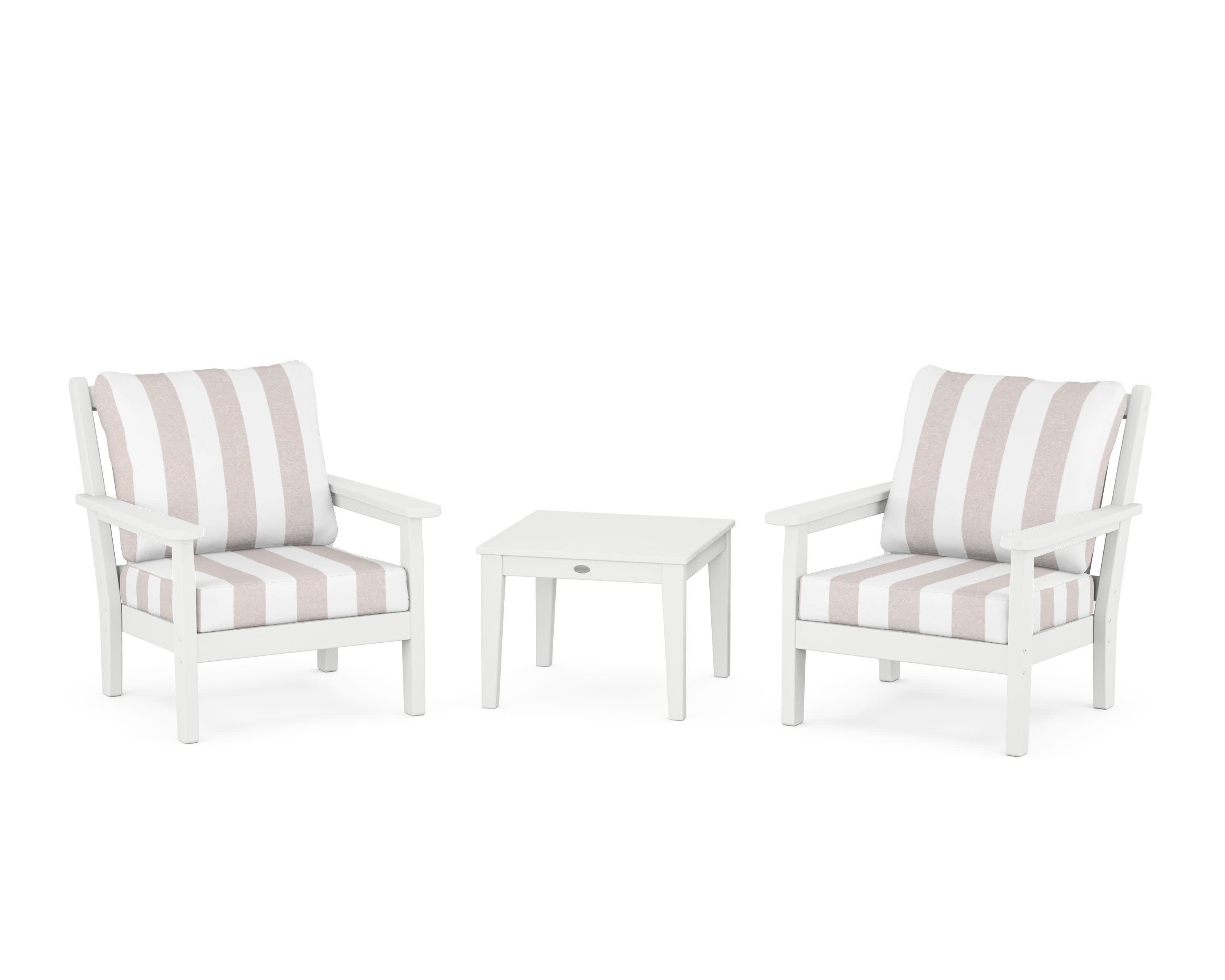 Chippendale 3-Piece Deep Seating Set in White / Cabana Stripe Dune Burlap