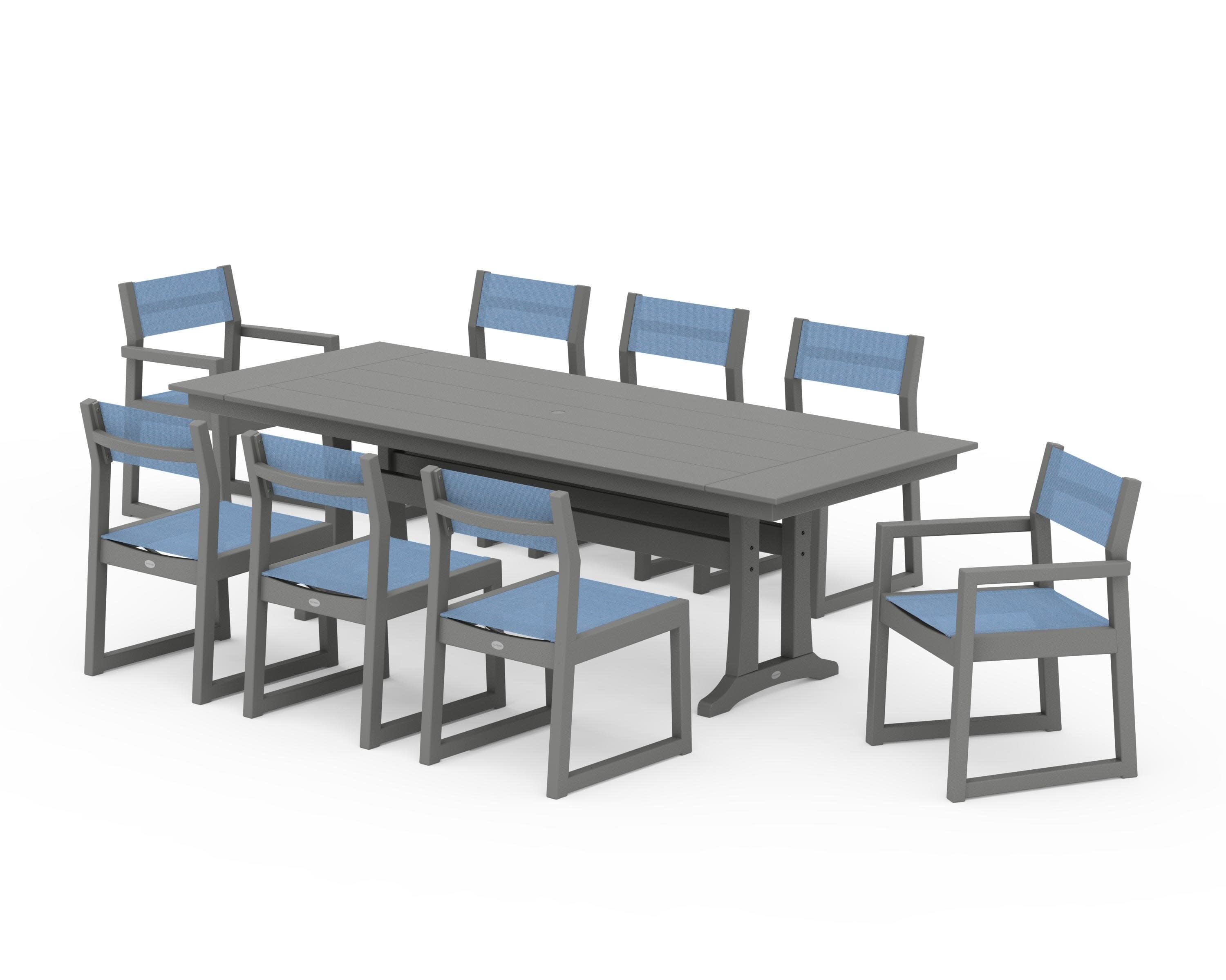 EDGE Sling 9-Piece Farmhouse Trestle Dining Set in Slate Grey / Poolside Sling
