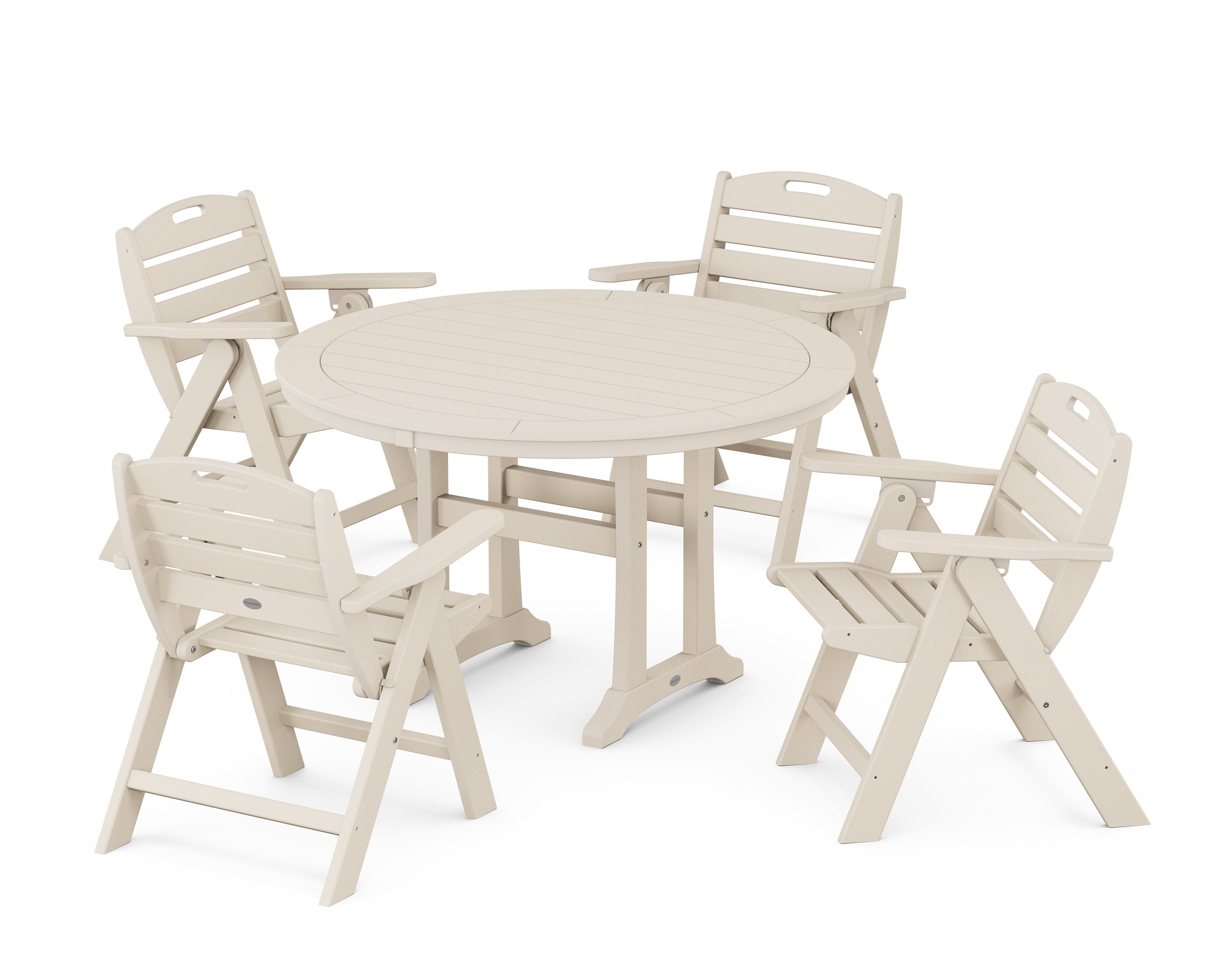 Nautical Folding Lowback Chair 5-Piece Round Dining Set With Trestle Legs in Sand