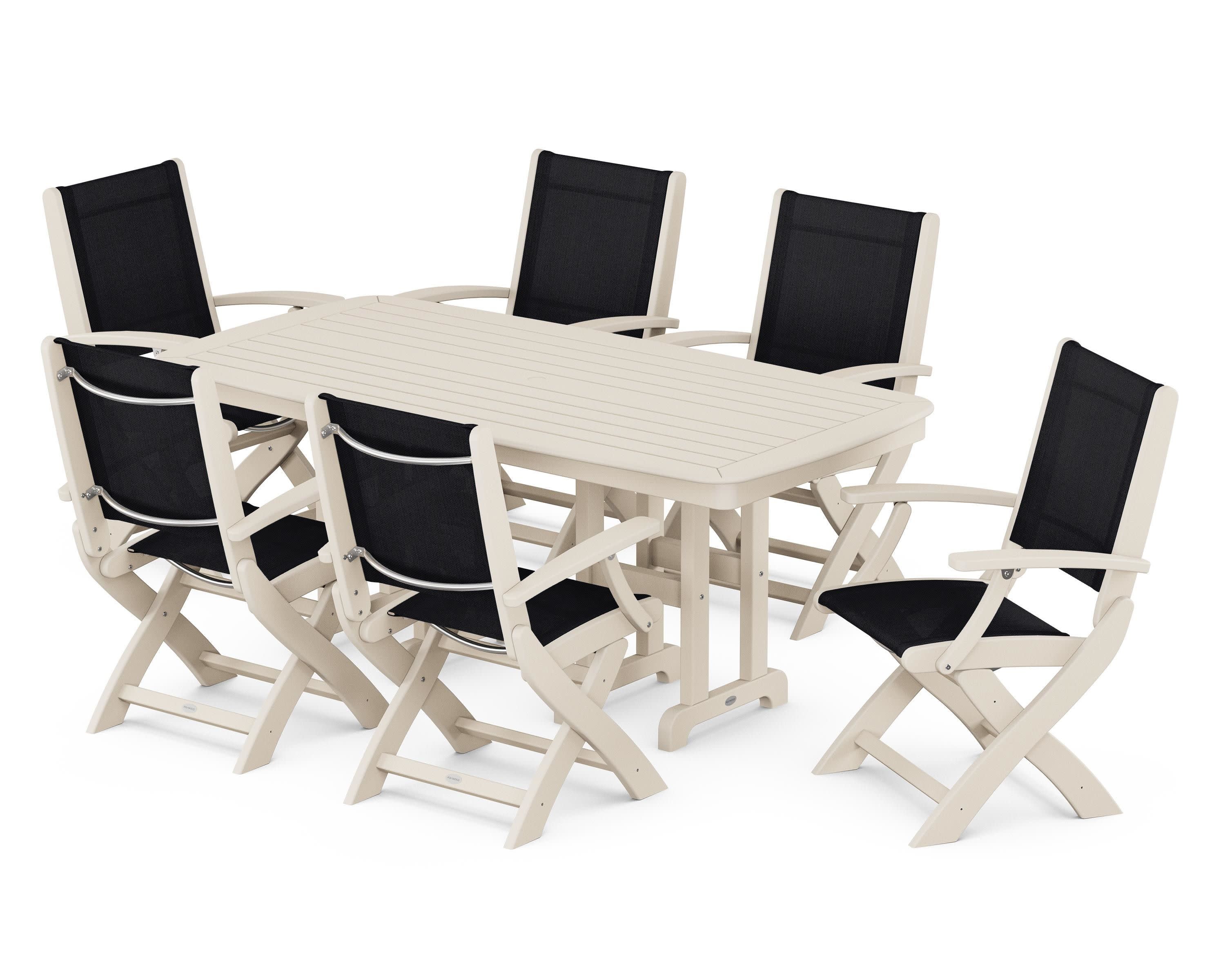 Coastal Folding Arm Chair 7-Piece Dining Set in Sand / Black Sling