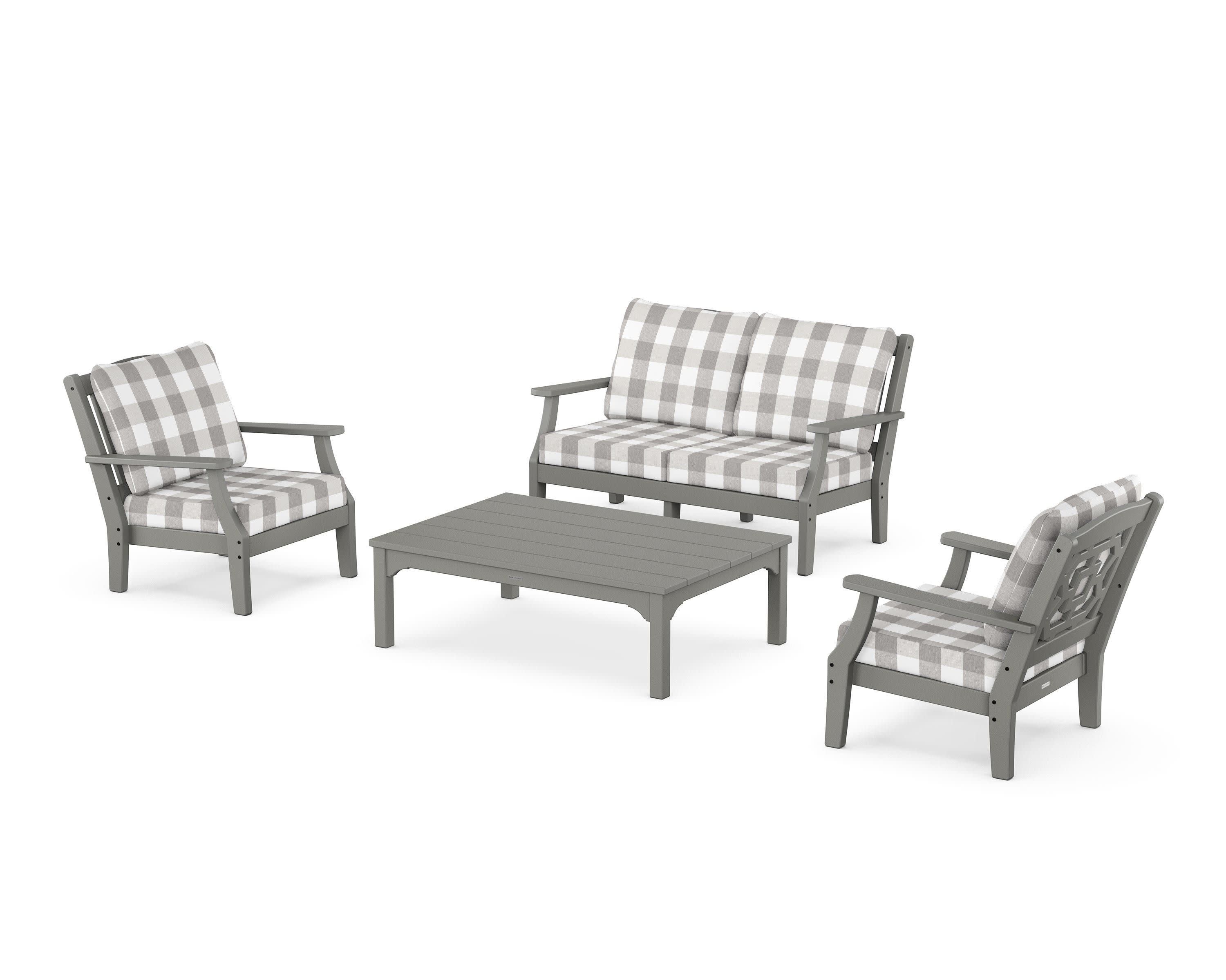 Chinoiserie 4-Piece Deep Seating Set with Loveseat in Slate Grey / Buffalo Plaid Grey Mist