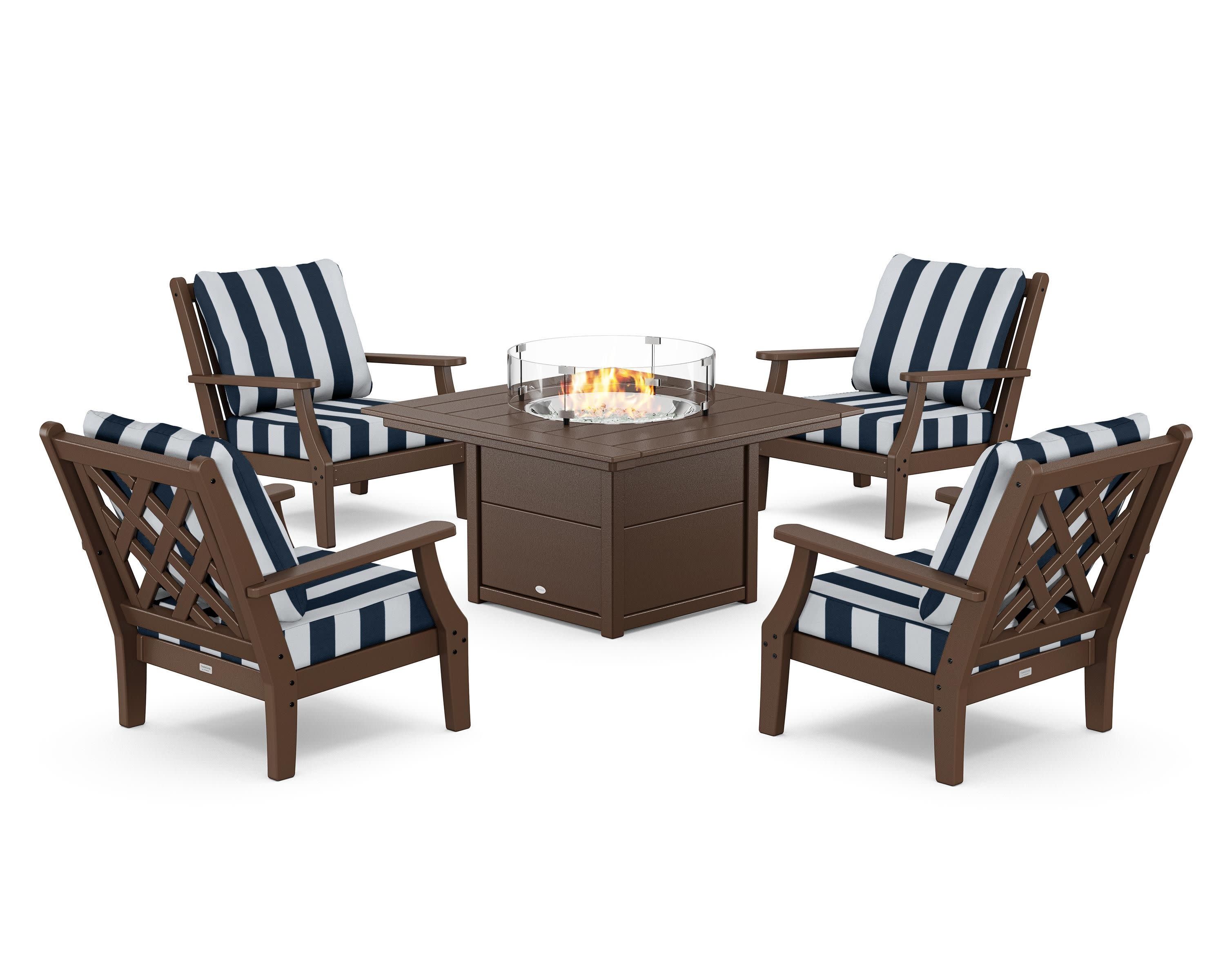 Wovendale 5-Piece Deep Seating Set with Fire Pit Table in Mahogany / Cabana Stripe Marine Indigo