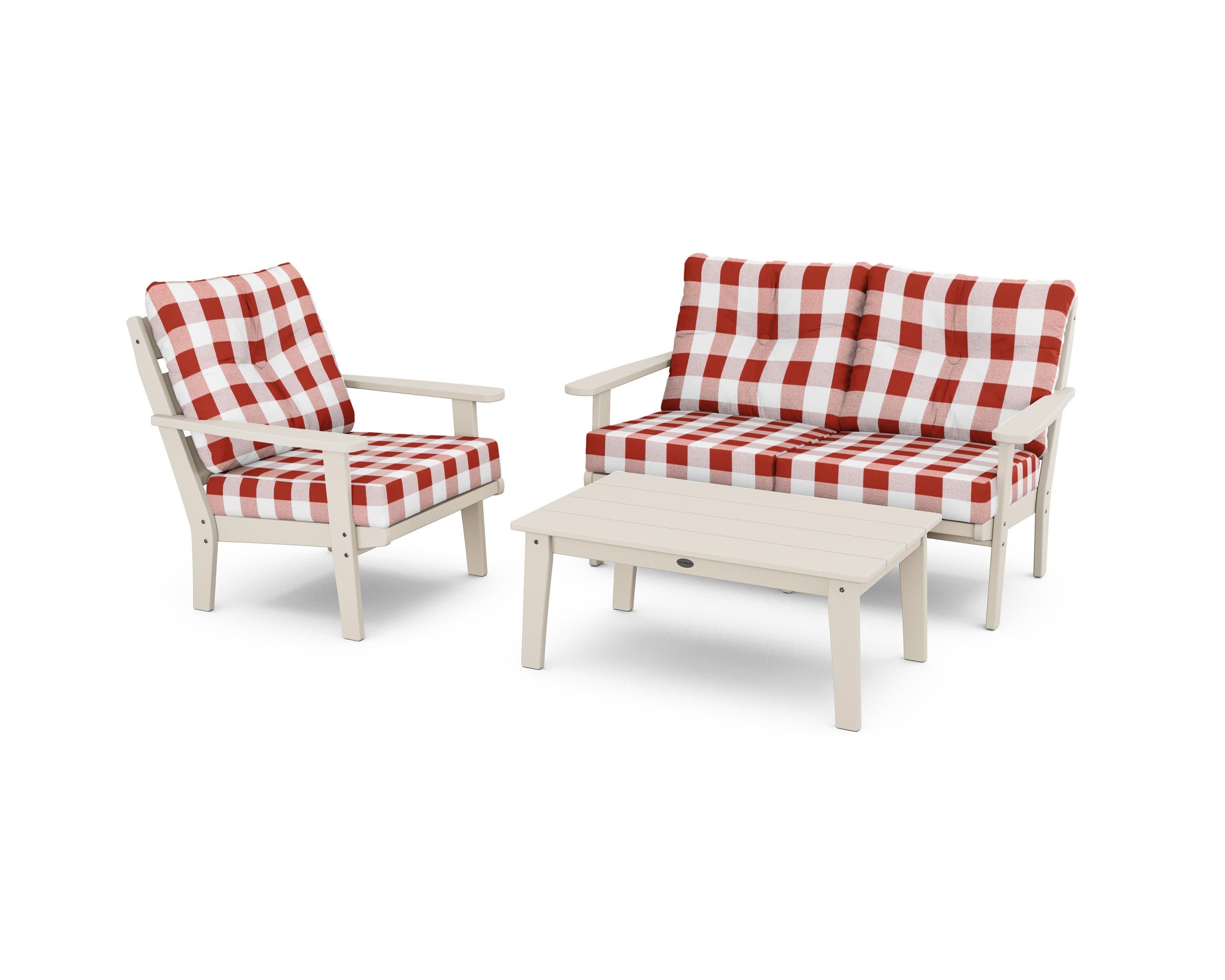 Lakeside 3-Piece Deep Seating Set in Sand / Buffalo Plaid Crimson