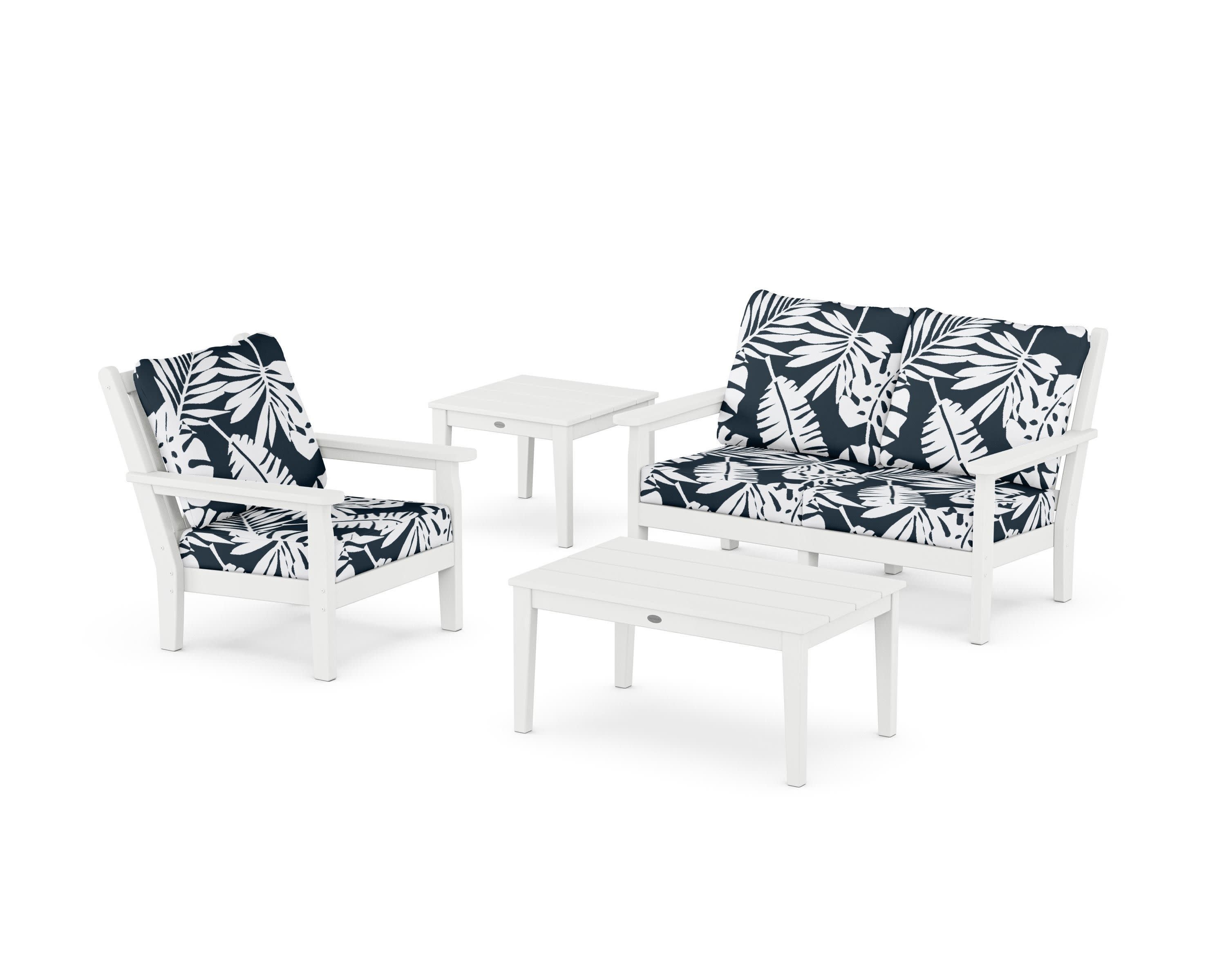 Chippendale 4-Piece Deep Seating Set in White / Leaf Marine Indigo