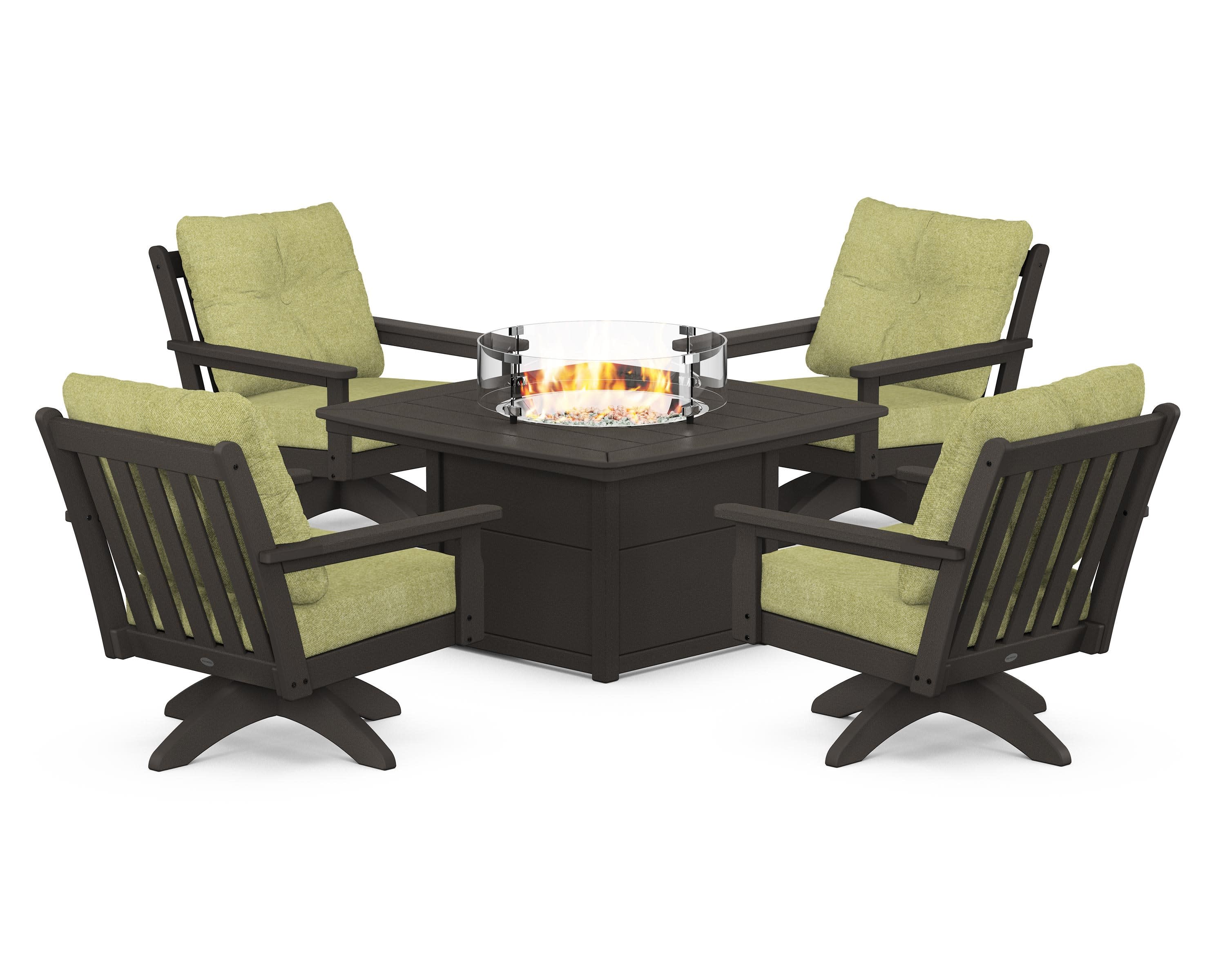 Vineyard 5-Piece Deep Seating Swivel Conversation Set with Fire Pit Table in Vintage Coffee / Chartreuse Boucle