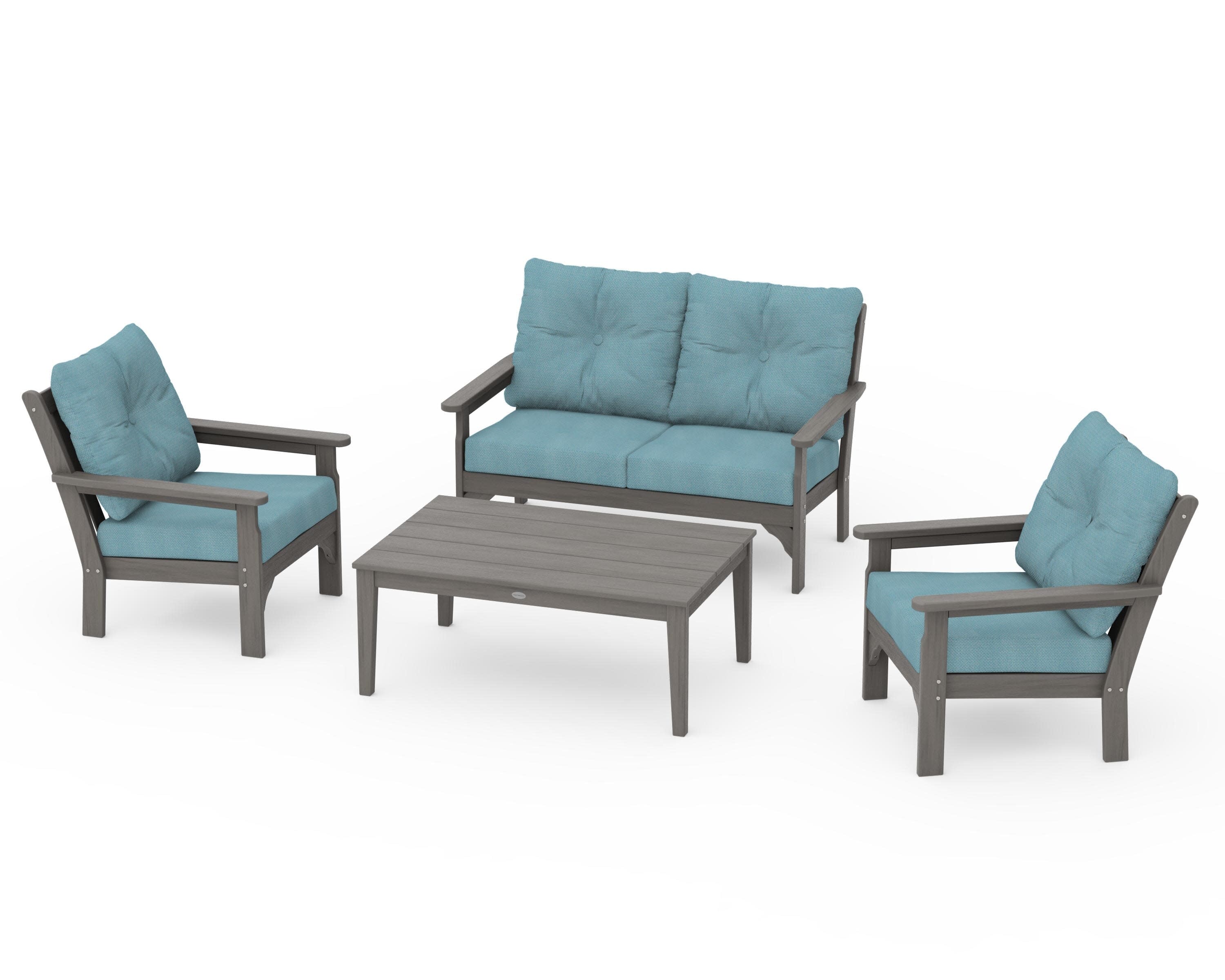Vineyard 4-Piece Deep Seating Set in Driftwood / Lattice Sky Blue