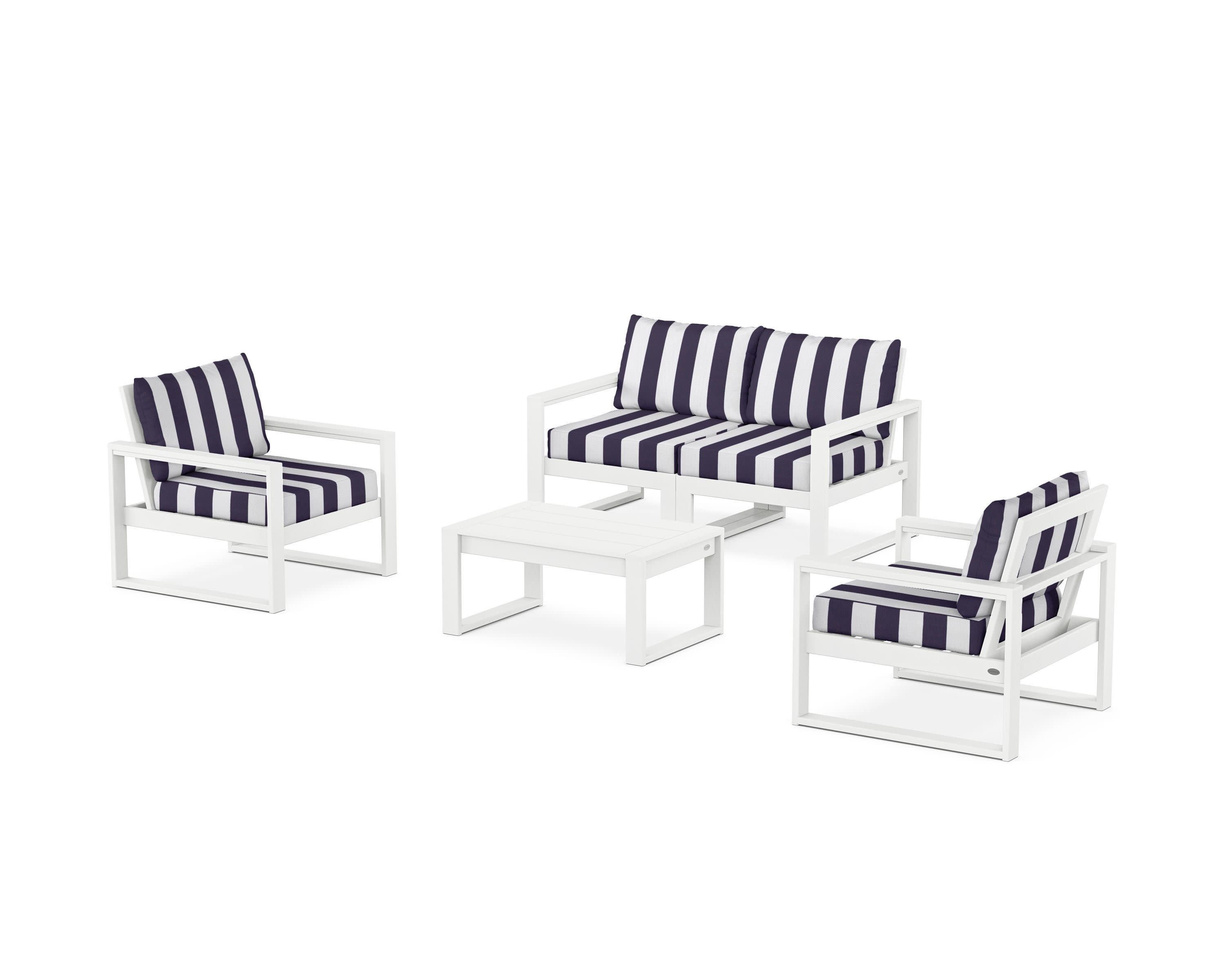 EDGE Sectional 4-Piece Deep Seating Set with Loveseat in White / Cabana Stripe Navy