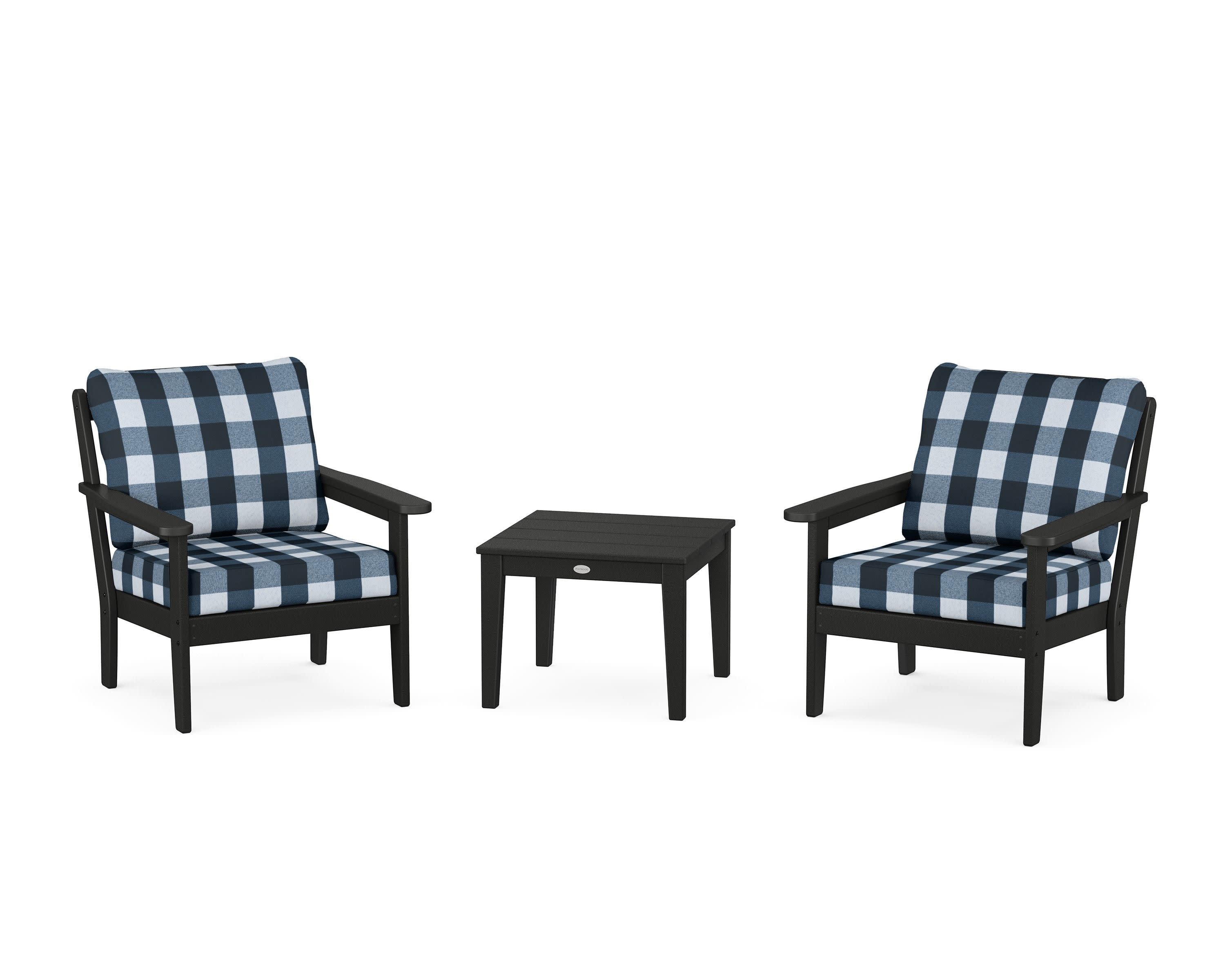 Cottage 3-Piece Deep Seating Set in Black / Buffalo Plaid Marine Indigo
