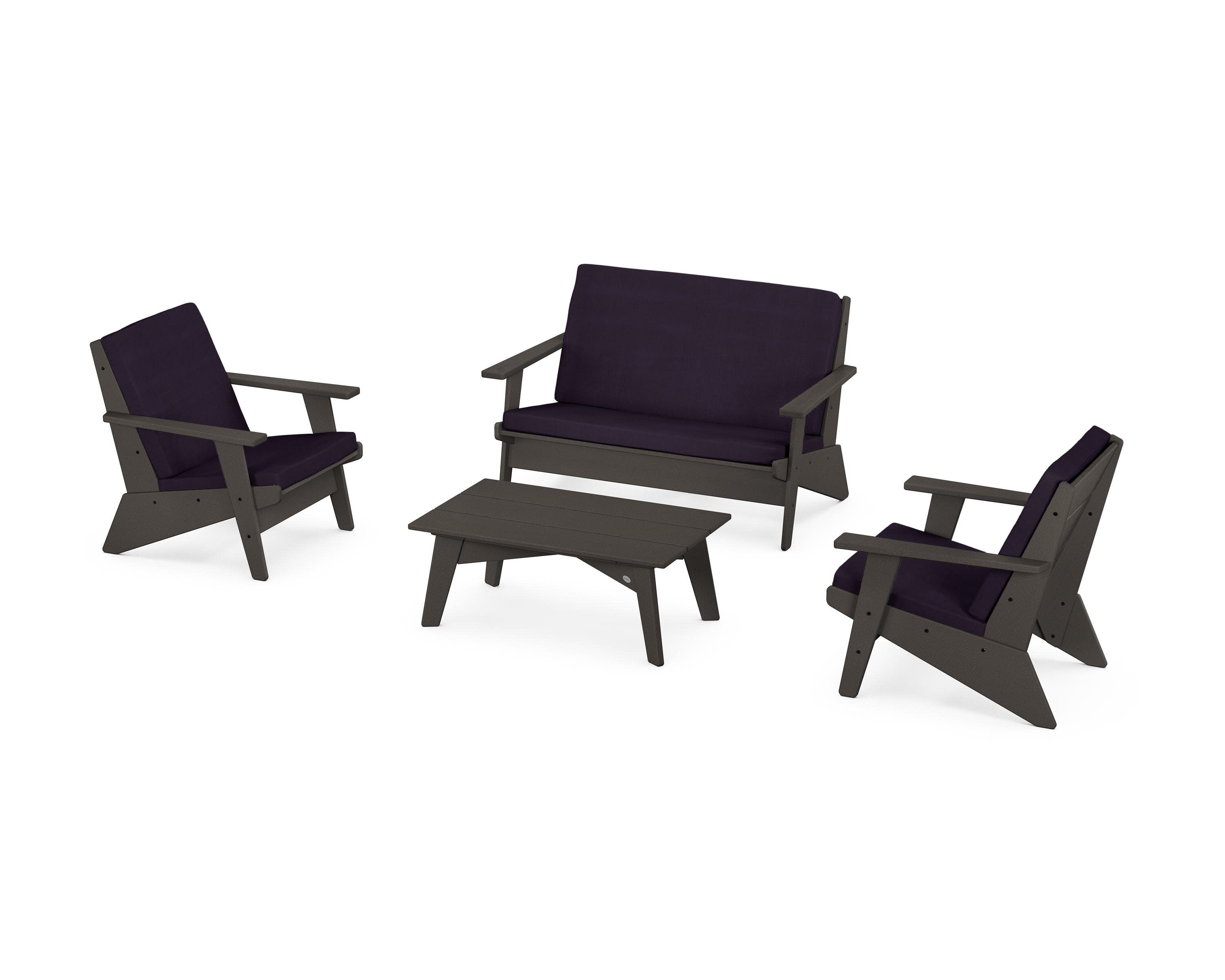 Riviera Modern Lounge 4-Piece Set in Vintage Coffee / Navy Linen