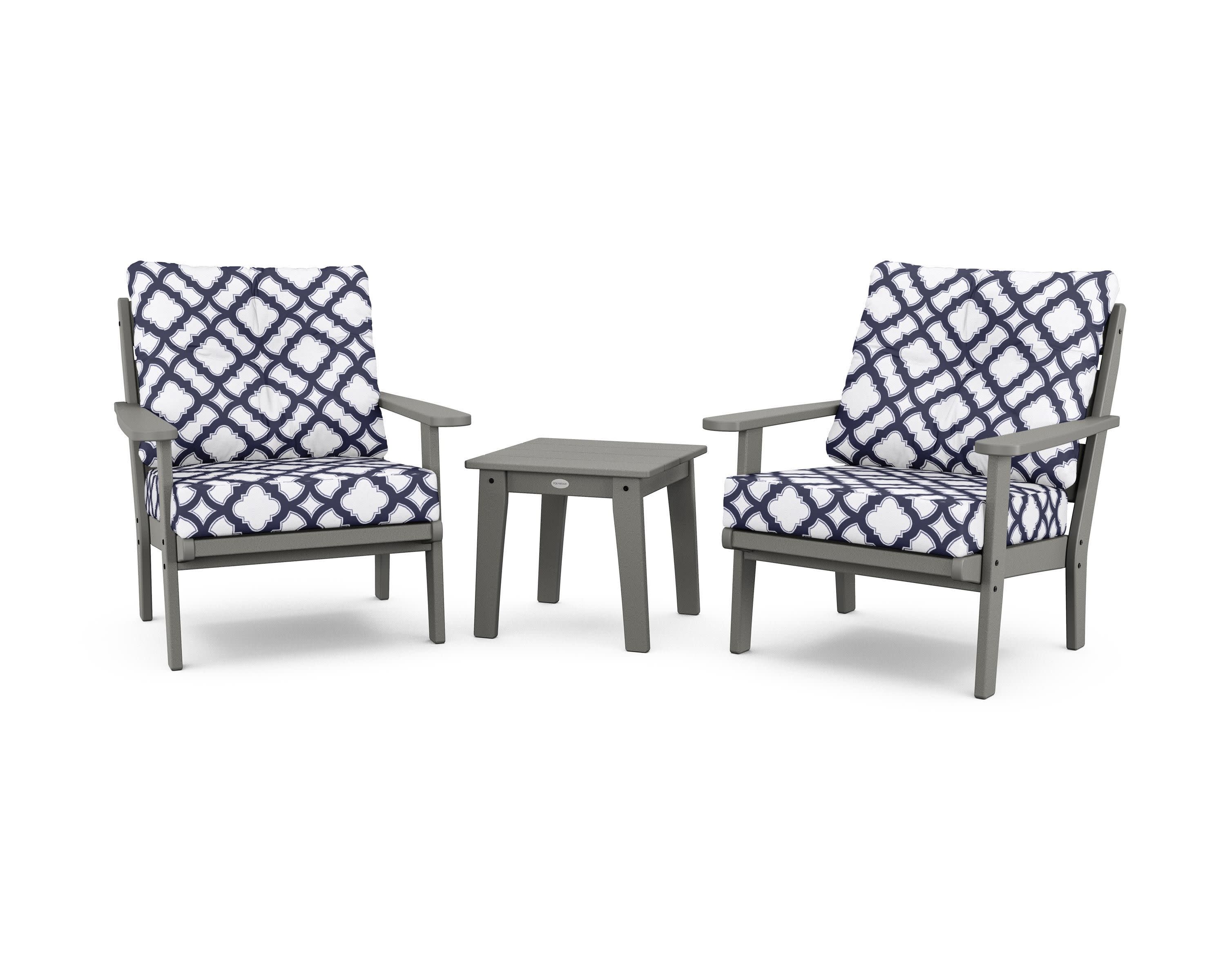 Lakeside 3-Piece Deep Seating Chair Set in Slate Grey / Trellis Navy