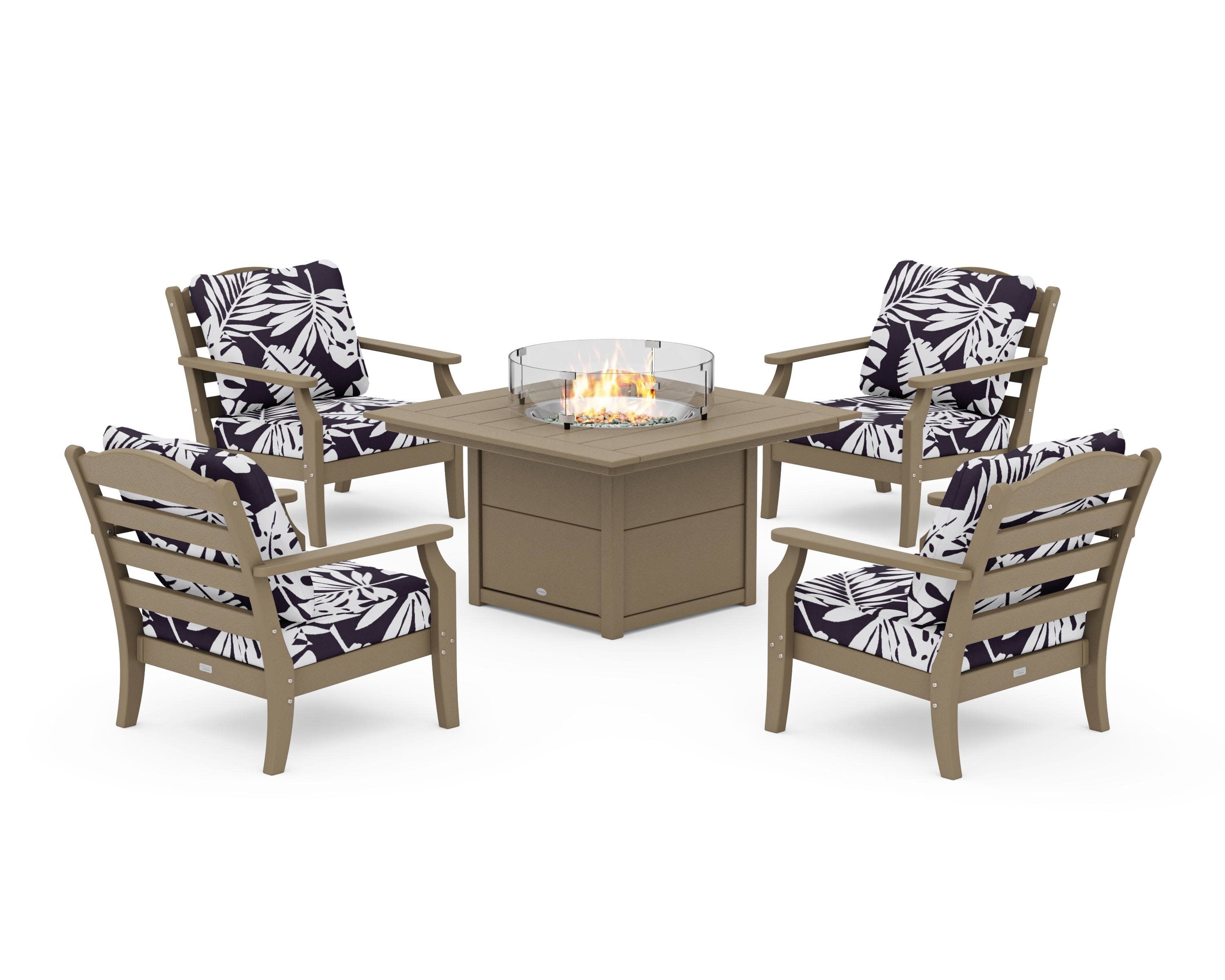 Savannah 5-Piece Deep Seating Set with Fire Pit Table in Vintage Sahara / Leaf Navy