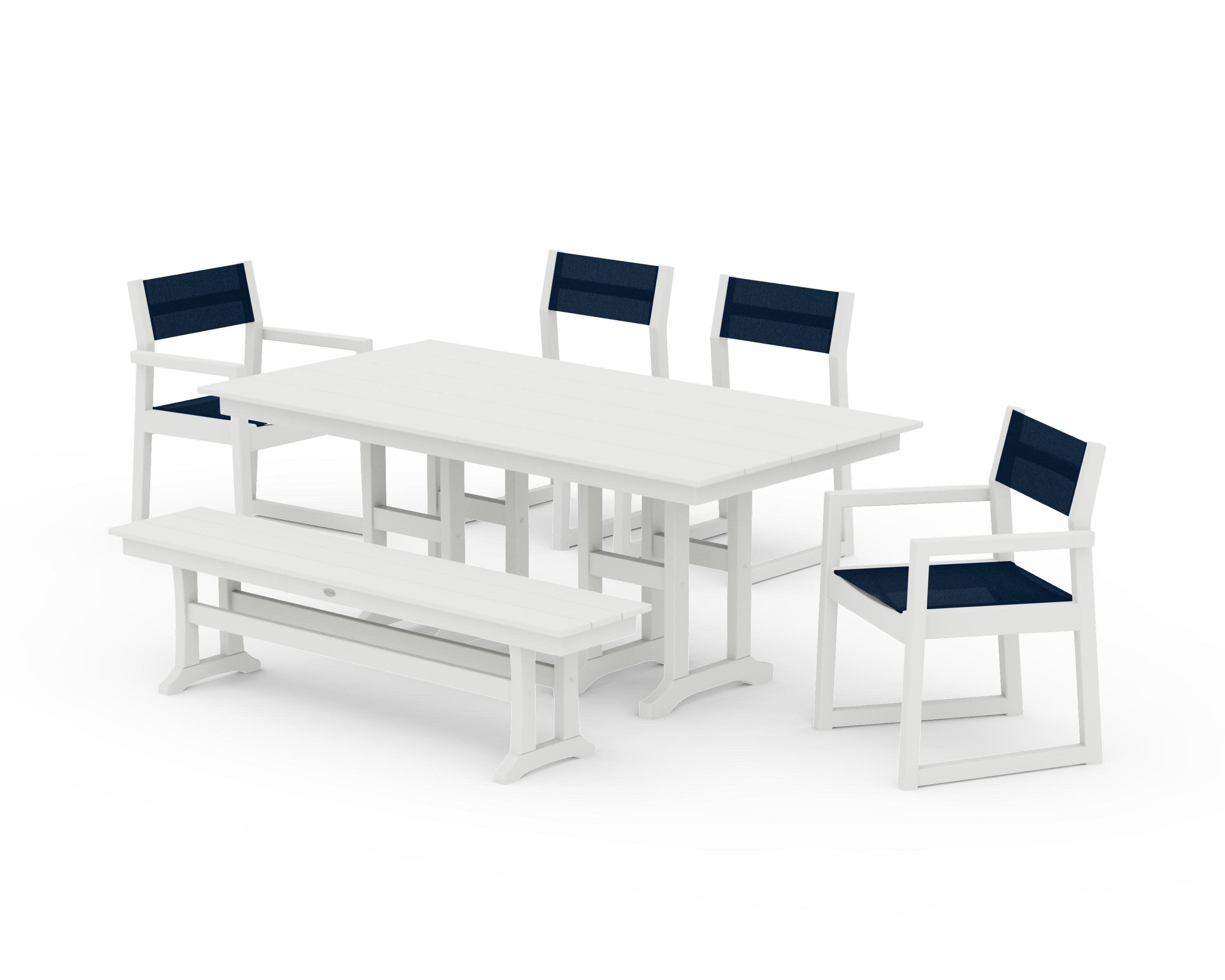 EDGE Sling 6-Piece Farmhouse Dining Set in Vintage White / Navy Blue Sling