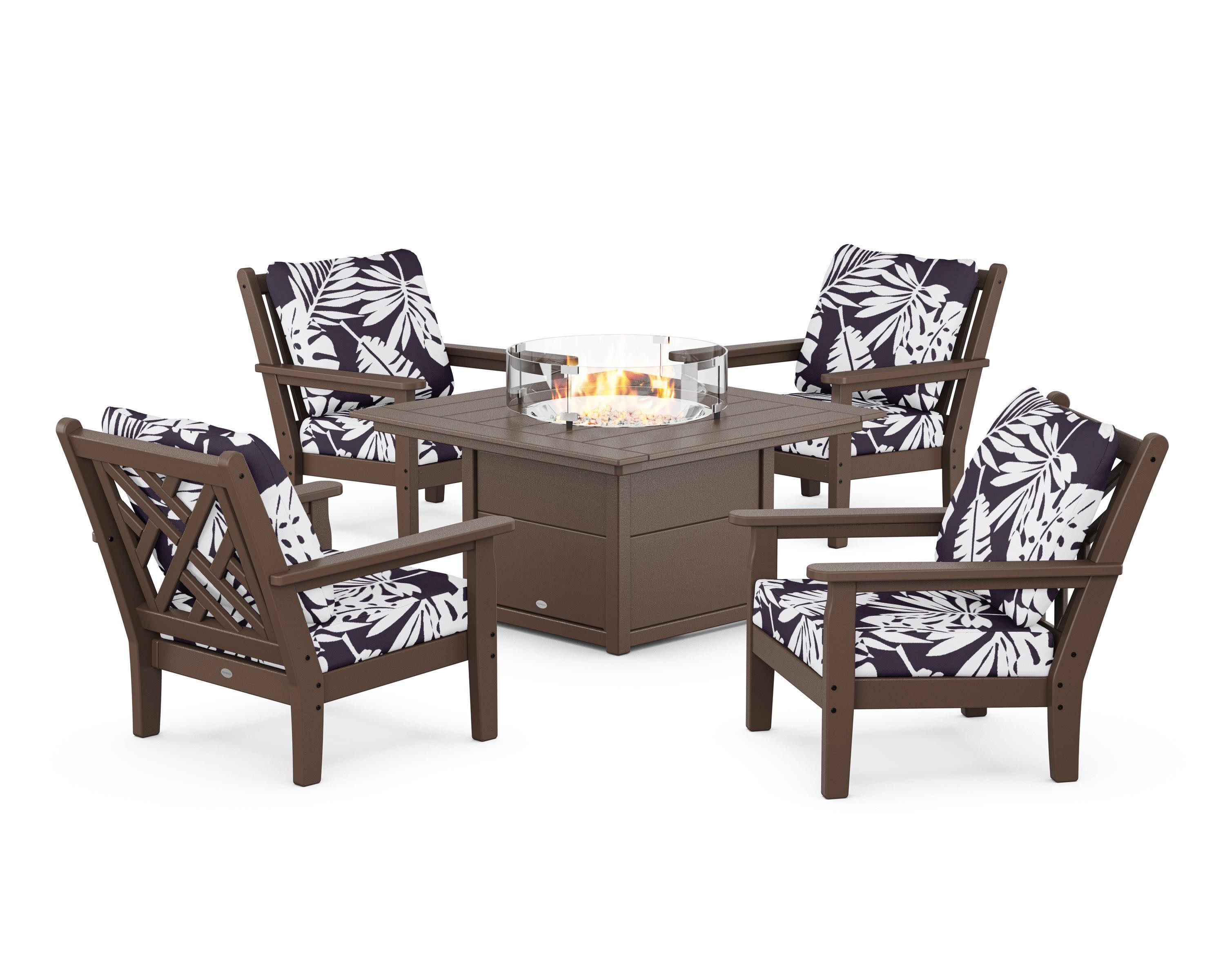 Chippendale 5-Piece Deep Seating Set with Fire Pit Table in Mahogany / Leaf Navy
