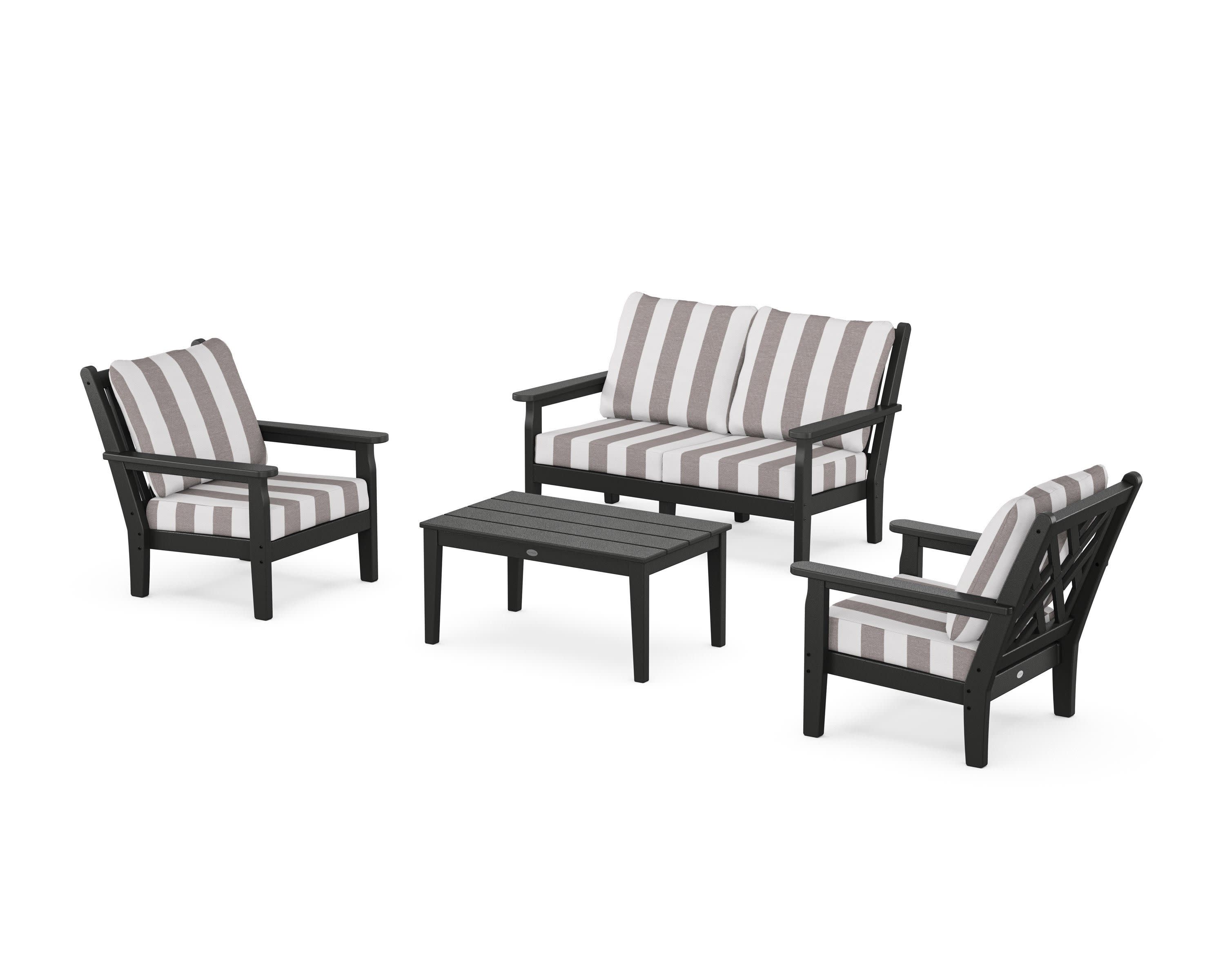 Chippendale 4-Piece Deep Seating Set with Loveseat in Black / Cabana Stripe Grey Mist