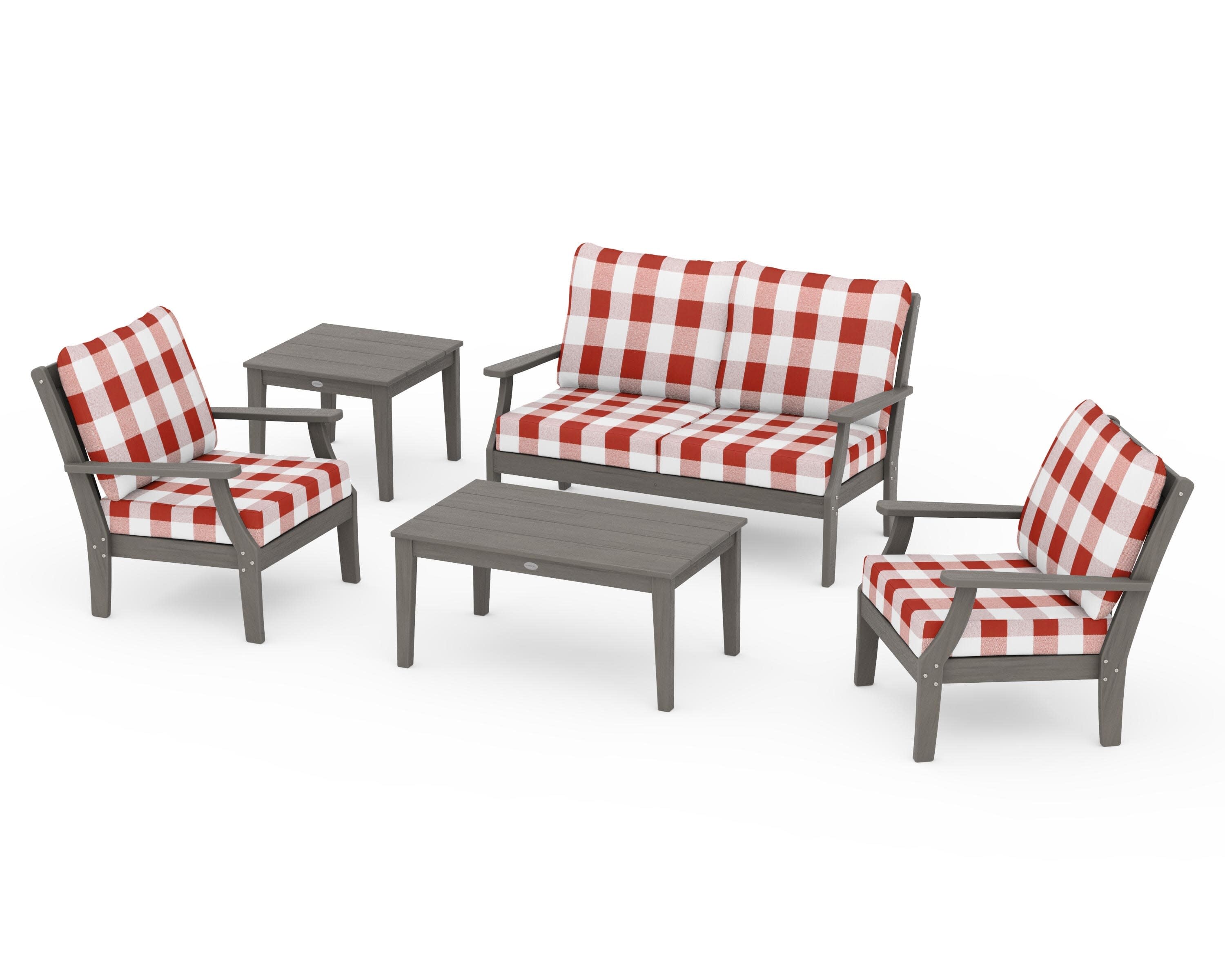 Braxton 5-Piece Deep Seating Set in Driftwood / Buffalo Plaid Crimson