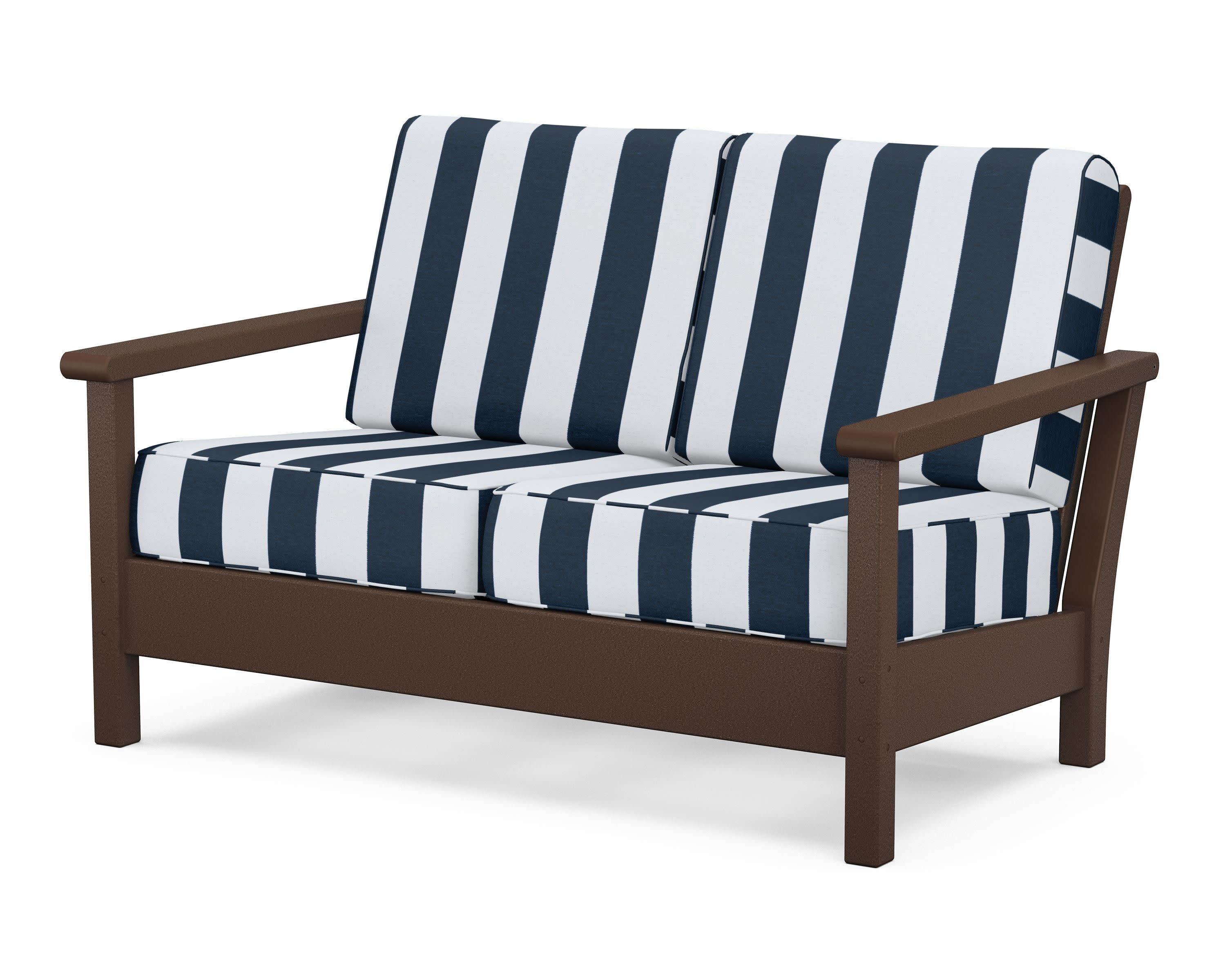Harbour Deep Seating Loveseat in Mahogany / Cabana Stripe Marine Indigo