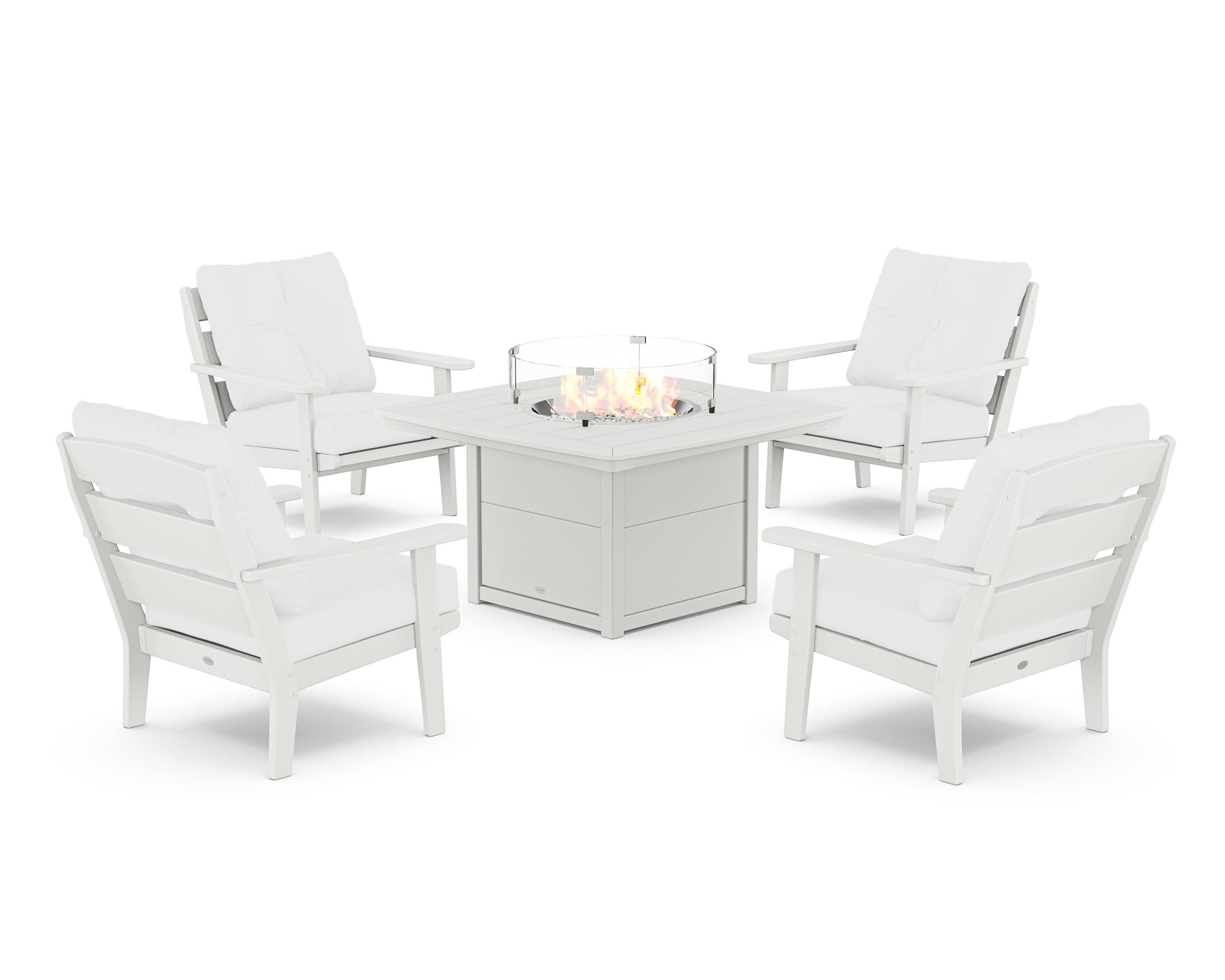 Lakeside 5-Piece Deep Seating Set with Nautical Fire Pit Table in White / Natural
