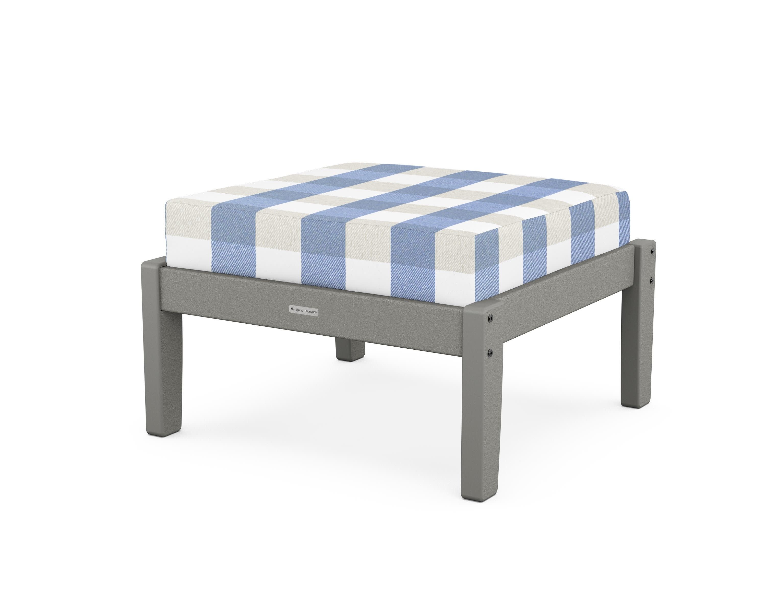 Chinoiserie Deep Seating Ottoman in Slate Grey / Buffalo Plaid Sky Blue