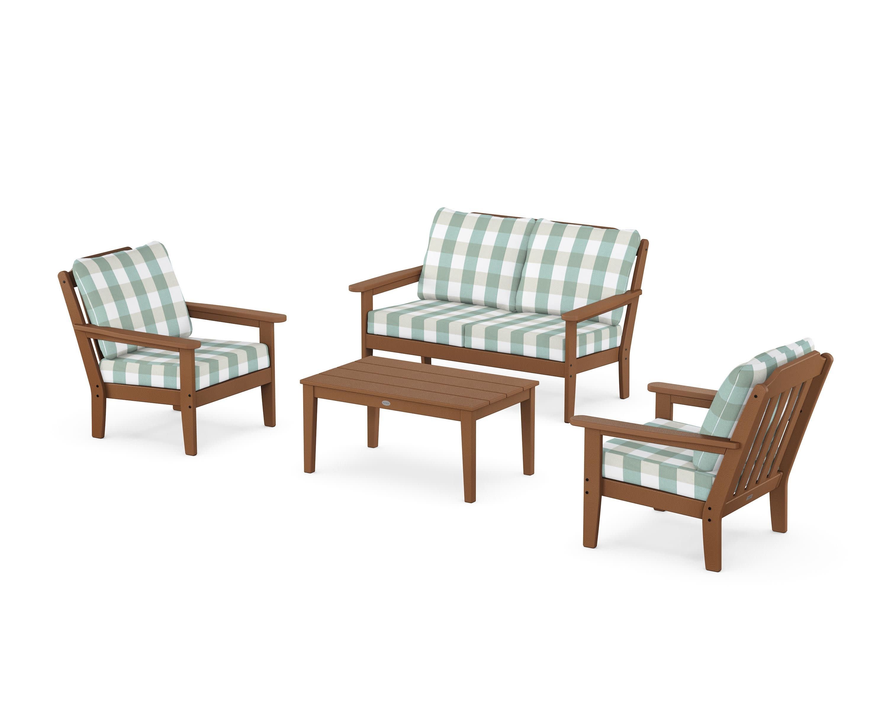 Cottage 4-Piece Deep Seating Set with Loveseat in Teak / Buffalo Plaid Glacier Spa