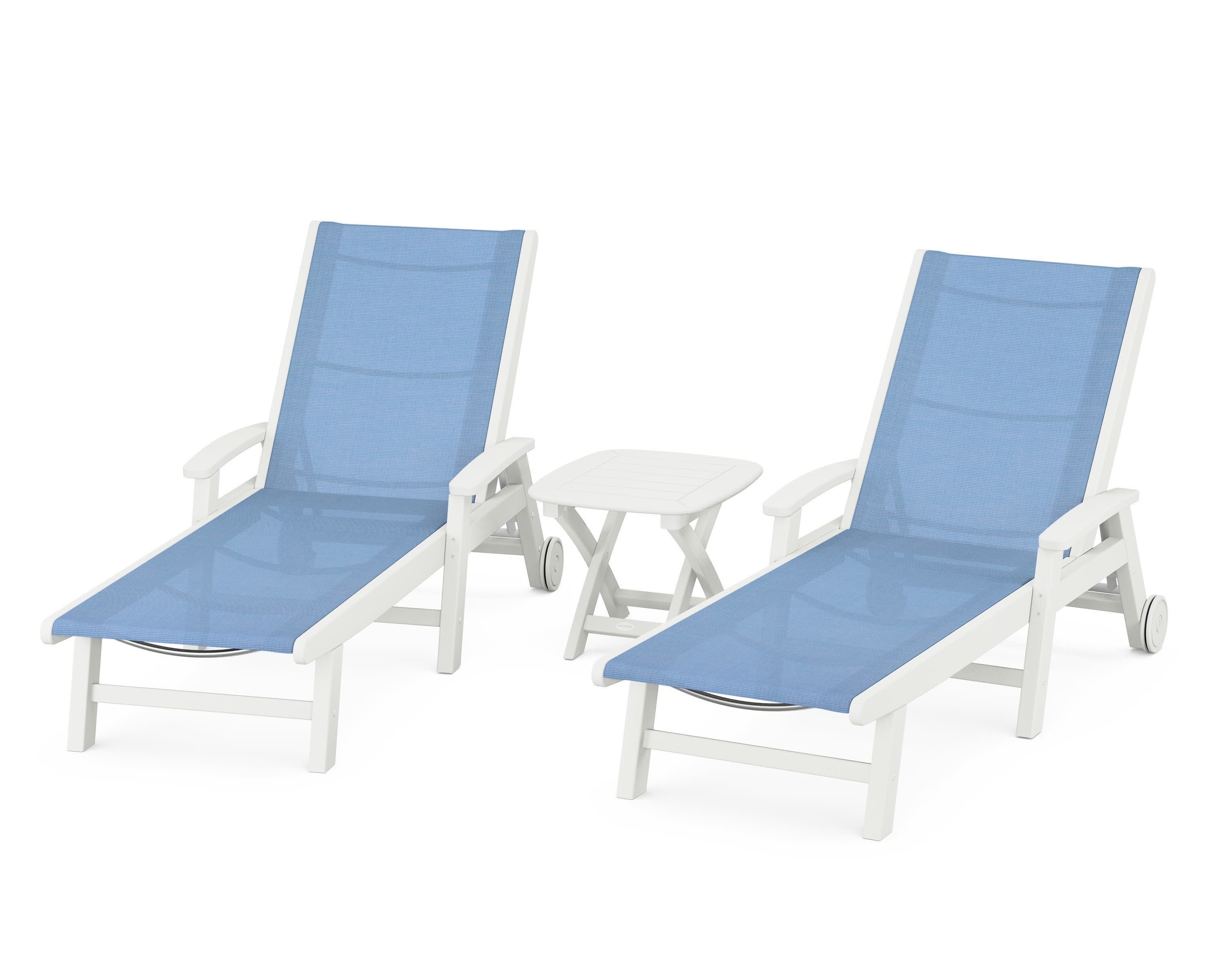 Coastal 3-Piece Wheeled Chaise Set in Vintage White / Poolside Sling