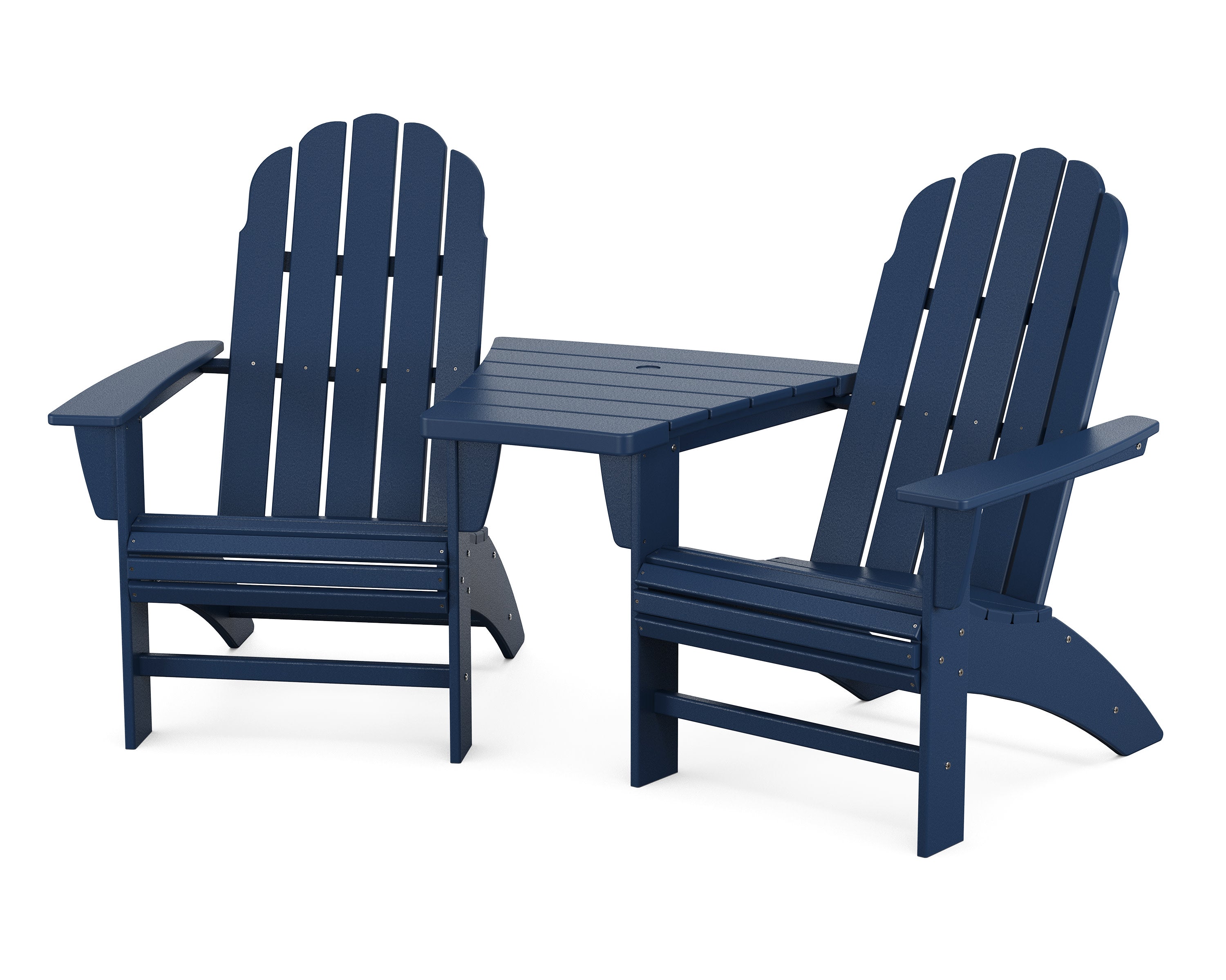 Vineyard 3-Piece Curveback Adirondack Set with Angled Connecting Table in Navy