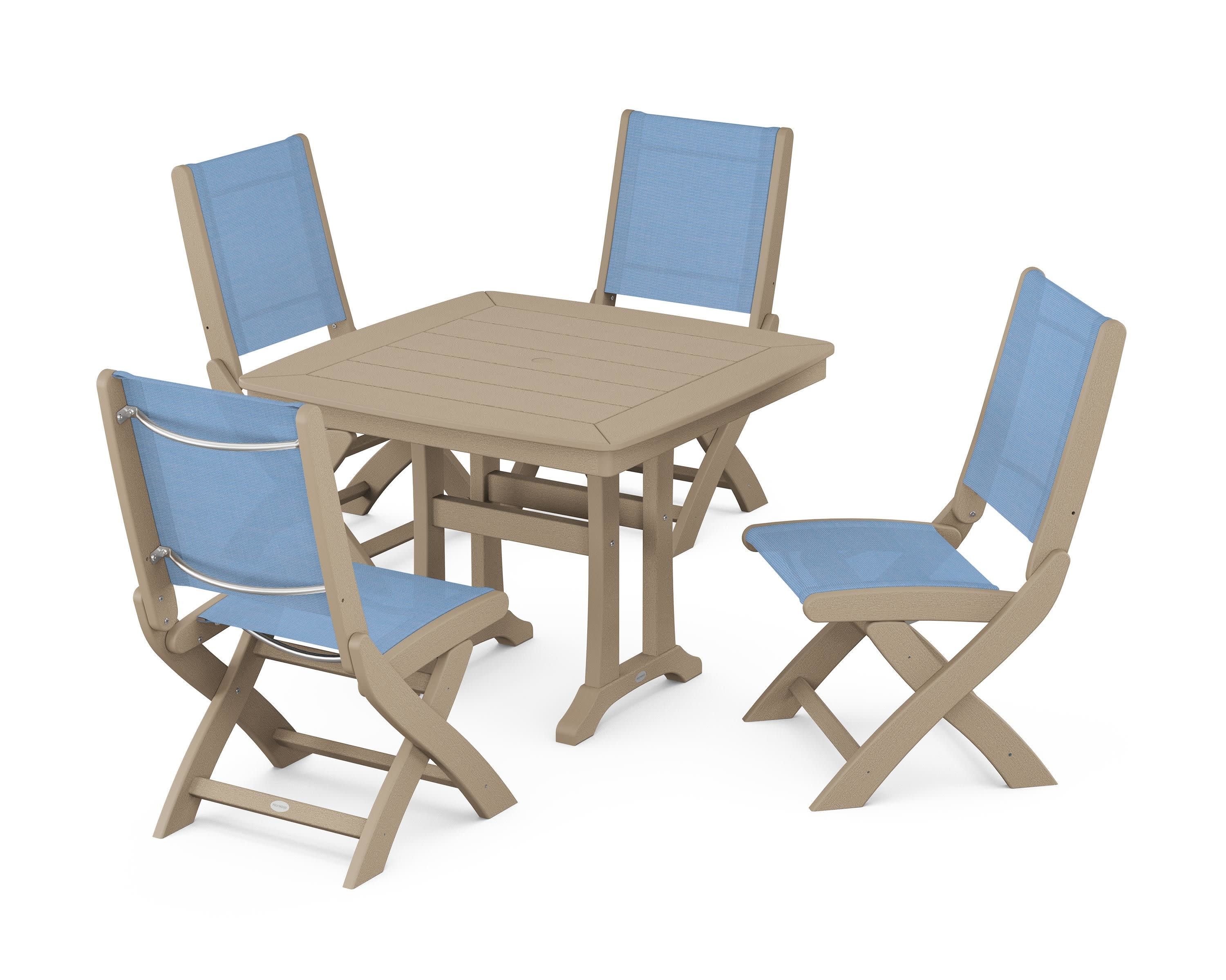 Coastal Folding Side Chair 5-Piece Dining Set with Trestle Legs in Vintage Sahara / Poolside Sling