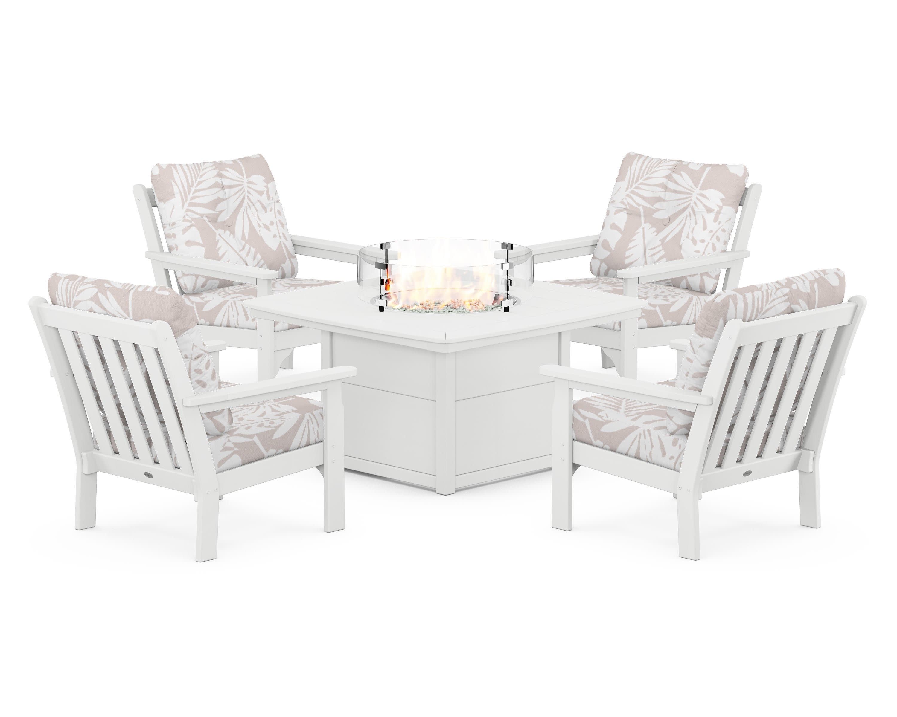 Vineyard 5-Piece Conversation Set with Fire Pit Table in White / Leaf Dune Burlap