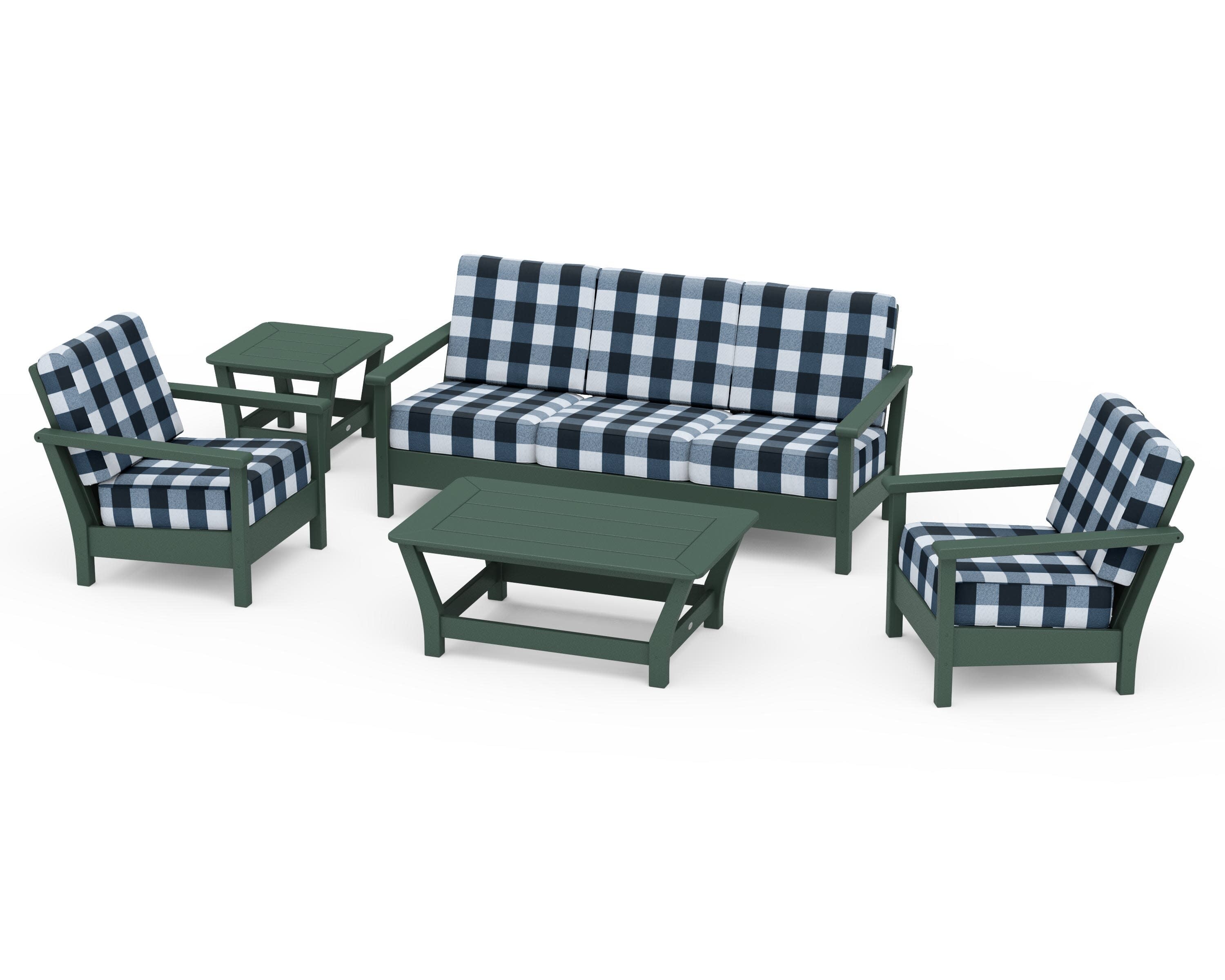 Harbour 5-Piece Deep Seating Set in Green / Buffalo Plaid Marine Indigo