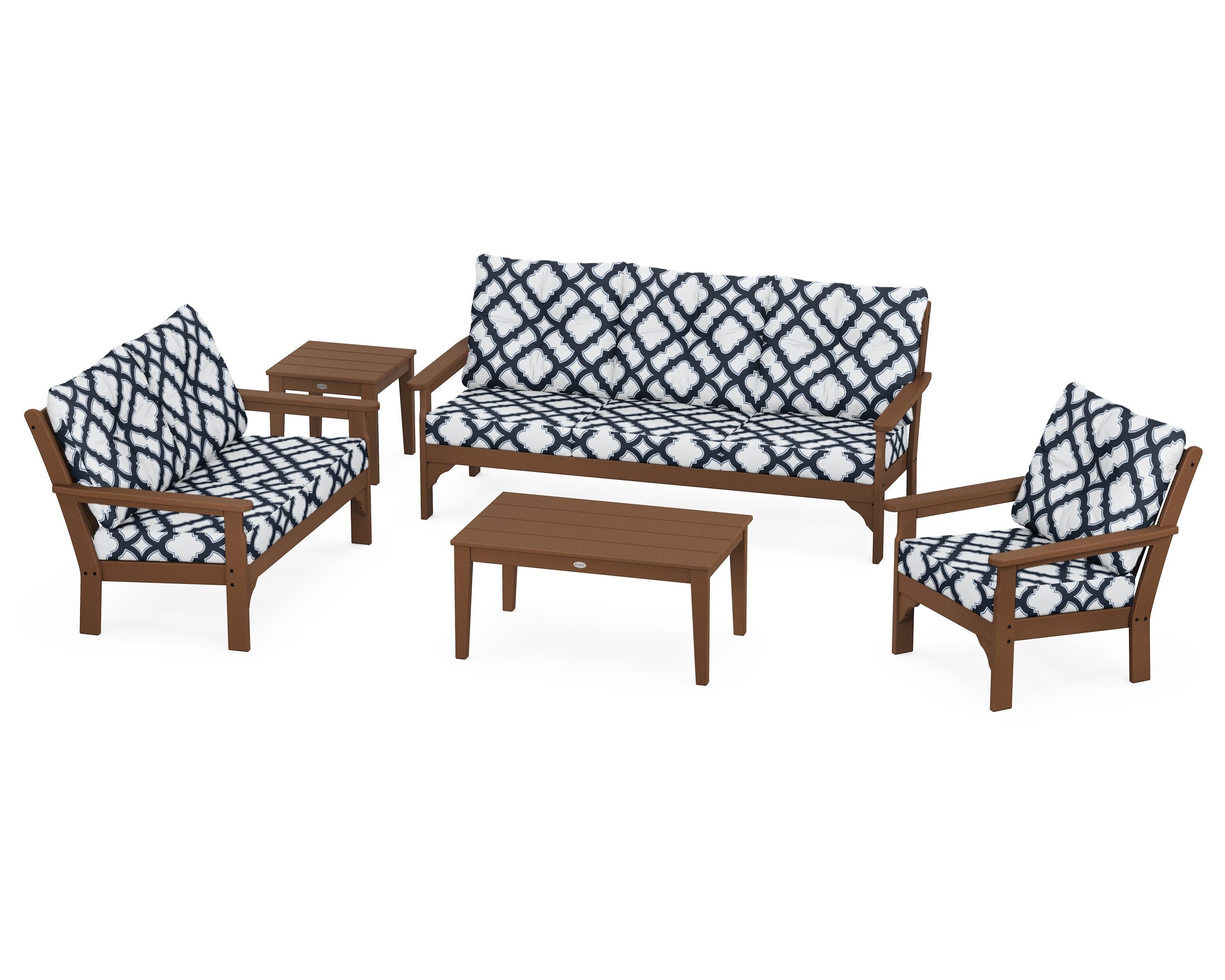 Vineyard 5 Piece Deep Seating Set in Teak / Trellis Marine Indigo