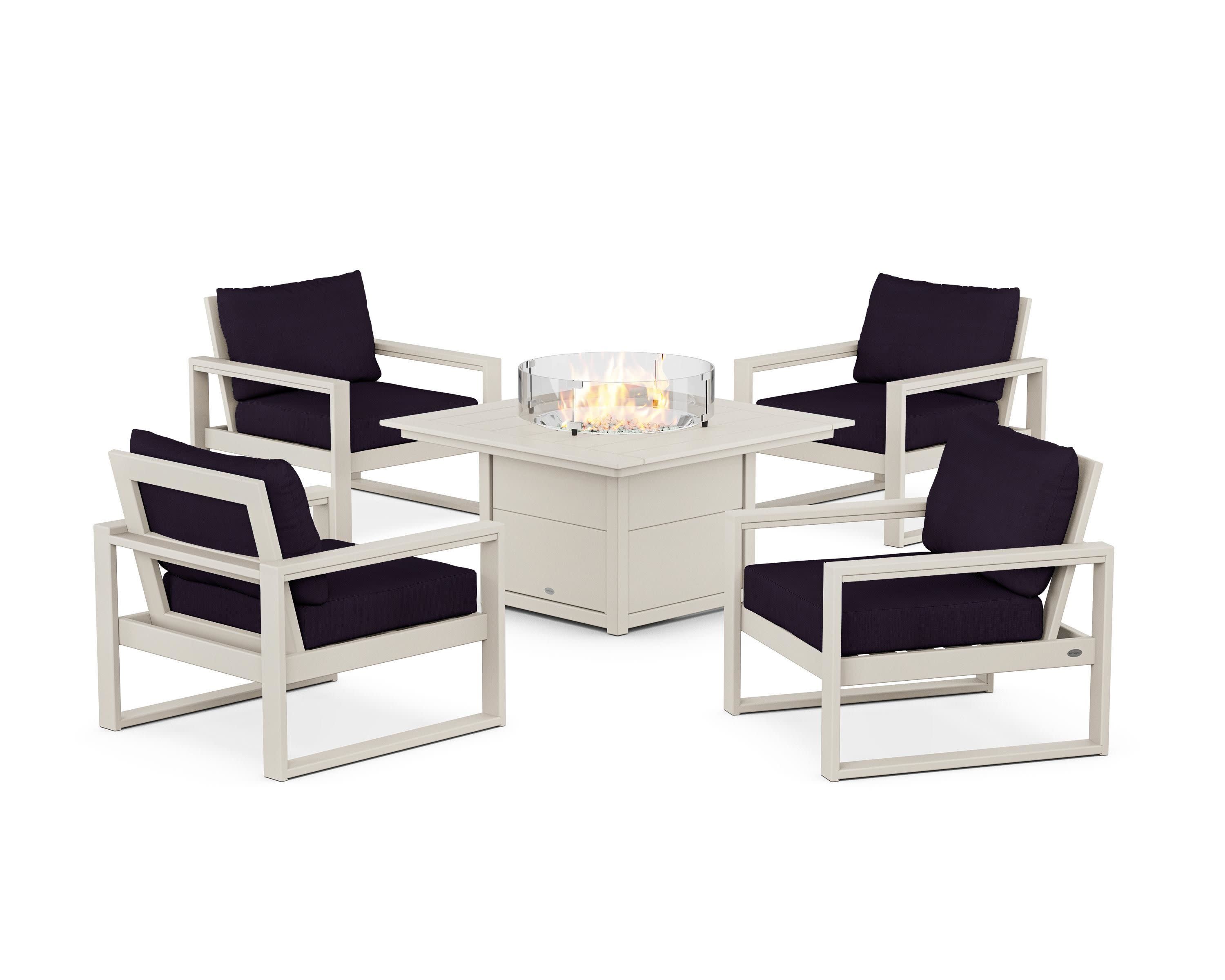 EDGE Sectional 5-Piece Deep Seating Set with Fire Pit Table in Sand / Navy Linen
