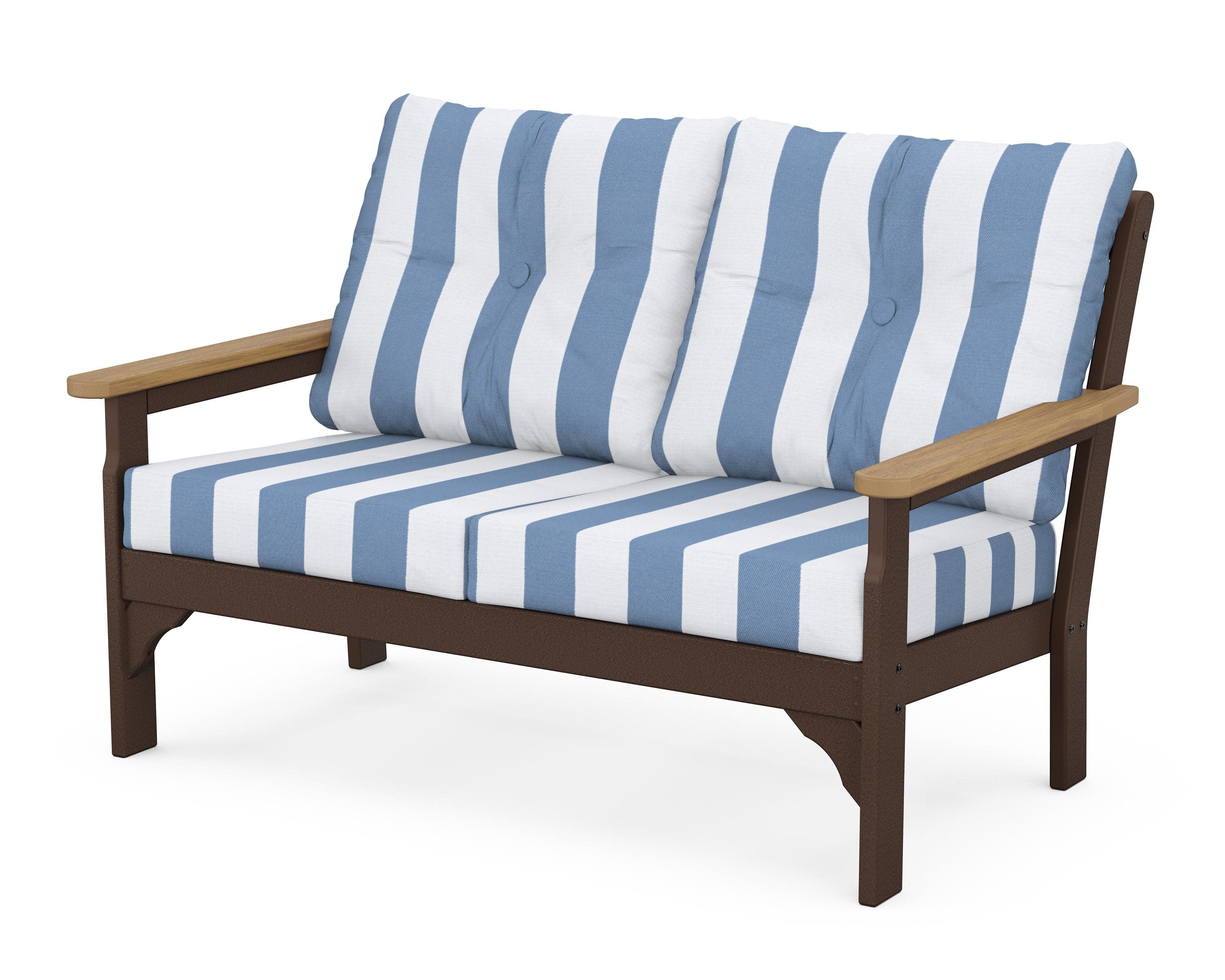 Vineyard Deep Seating Loveseat in Mahogany / Natural / Cabana Stripe Sky Blue