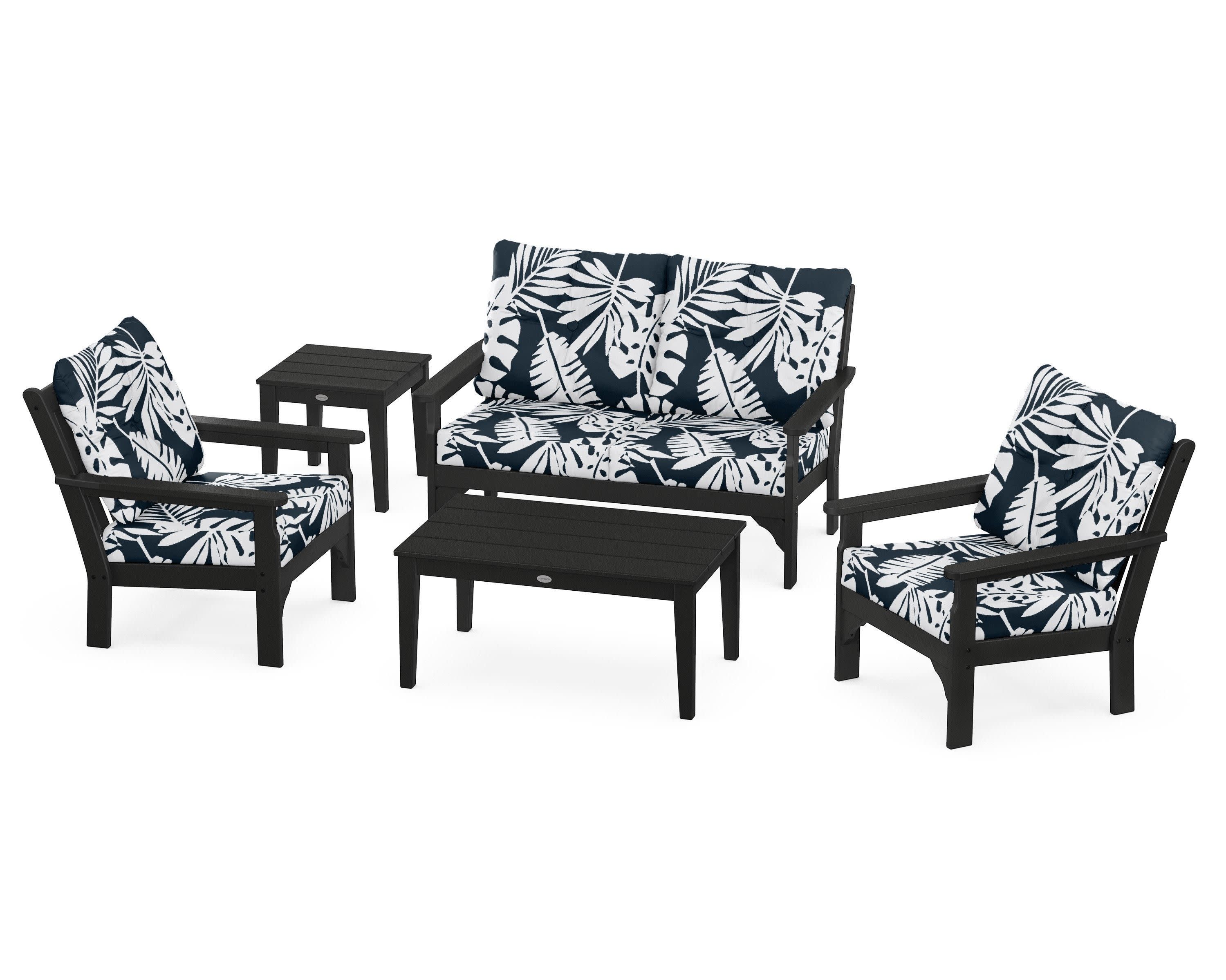 Vineyard 5-Piece Deep Seating Set in Black / Leaf Marine Indigo