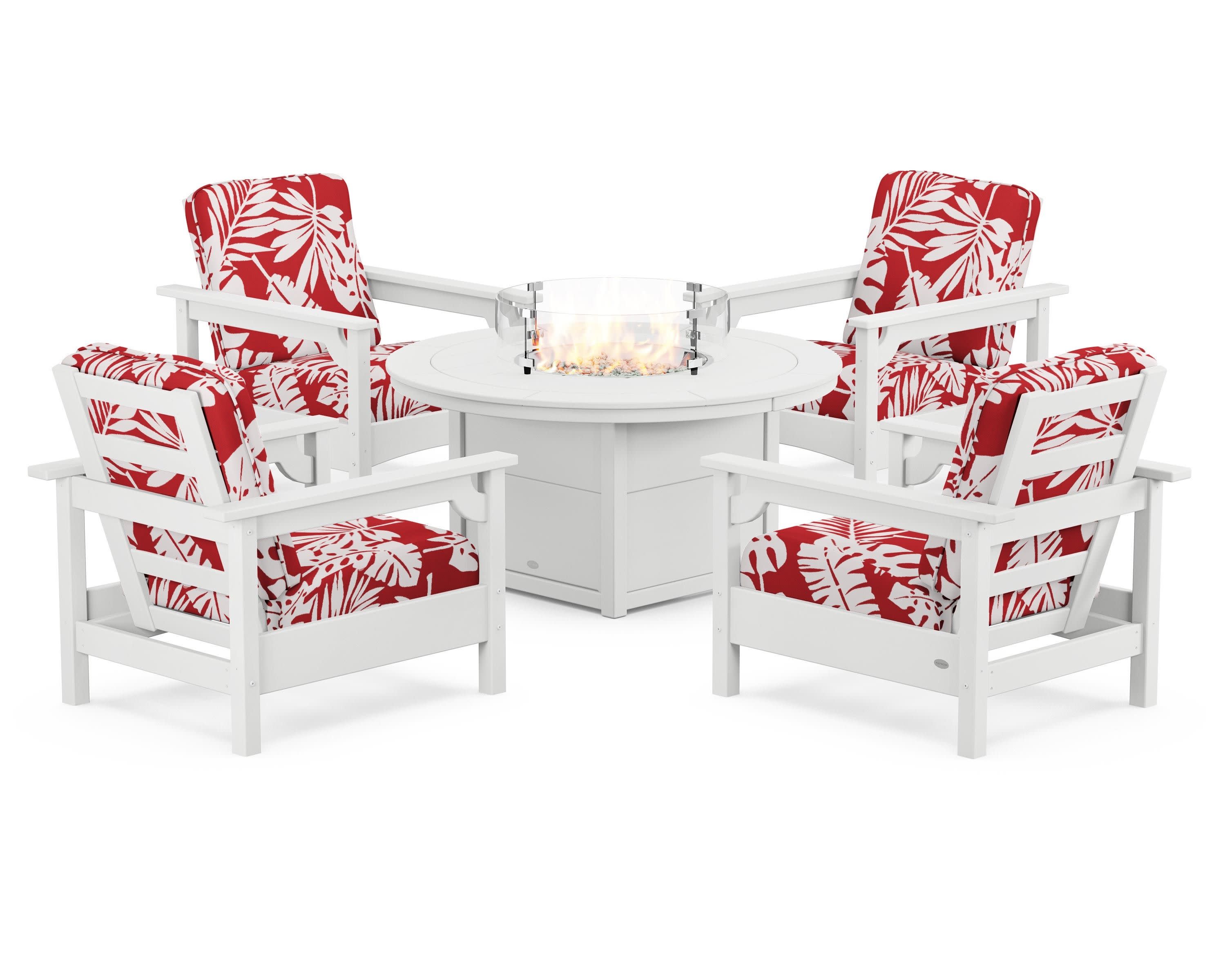 Club 5-Piece Conversation Set with Fire Pit Table in White / Leaf Crimson