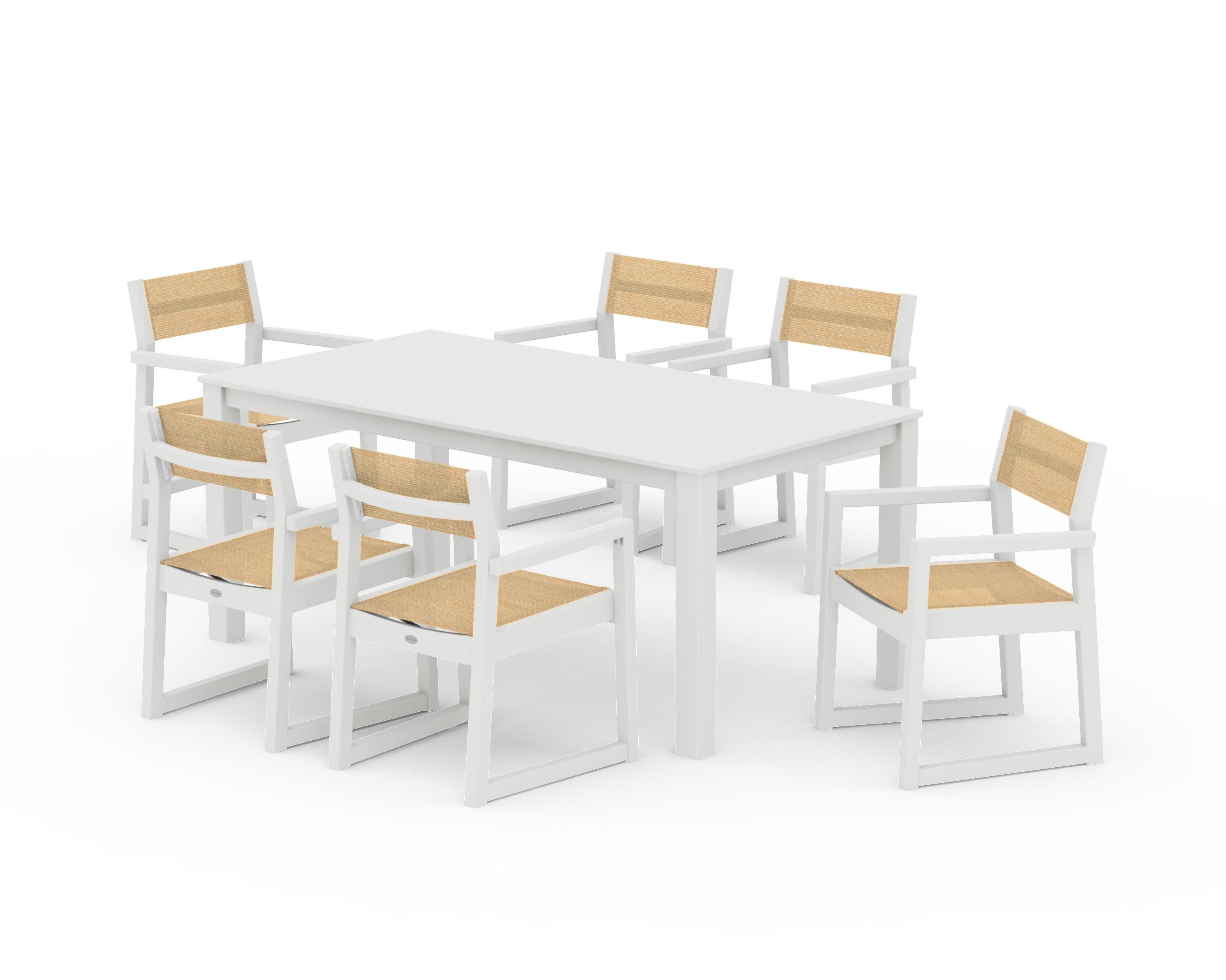 EDGE Sling Arm Chair 7-Piece Parsons Dining Set in Vintage White / Dupioni Apricot Sling