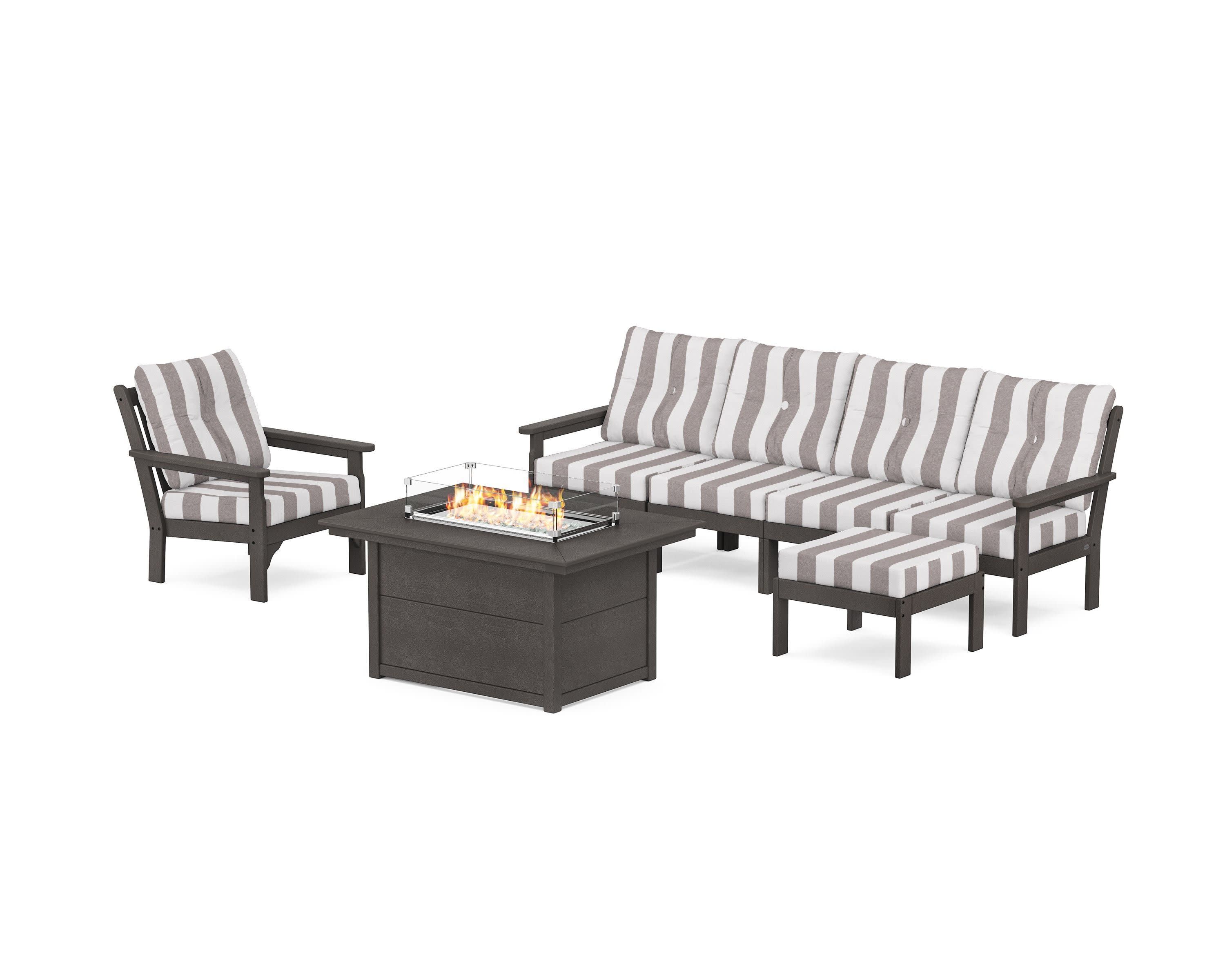 Vineyard Sectional Lounge and Fire Pit Set in Vintage Coffee / Cabana Stripe Grey Mist
