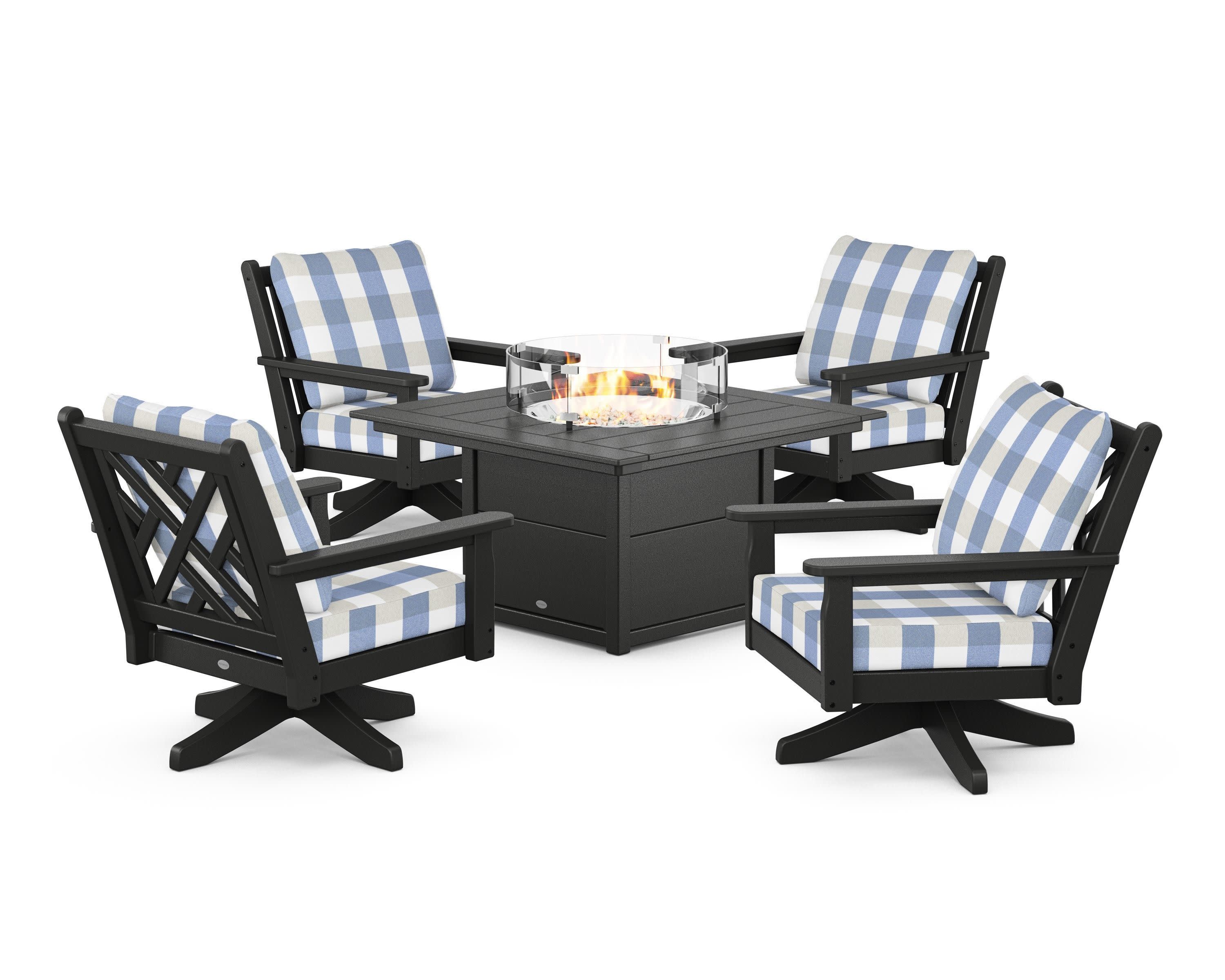 Chippendale 5-Piece Deep Seating Swivel Conversation Set with Fire Pit Table in Black / Buffalo Plaid Sky Blue
