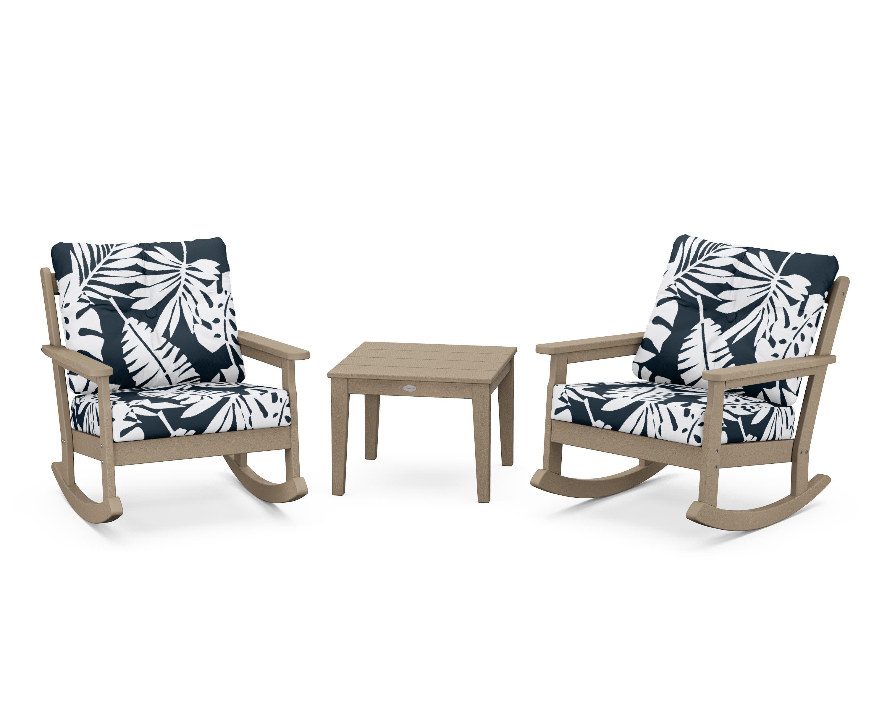 Vineyard 3-Piece Deep Seating Rocker Set in Vintage Sahara / Leaf Marine Indigo